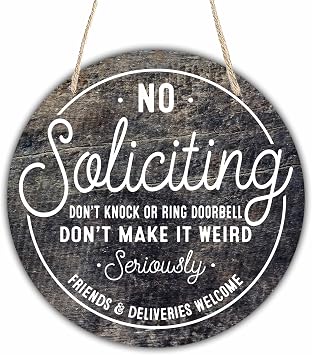 Wooden Sign for Front Door - No Soliciting, Dont knock or ring doorbell - 10" Black Retro House Welcome Sign, Funny Round Wood Hanging Sign for House decor home decor, gifts & accessories - 06