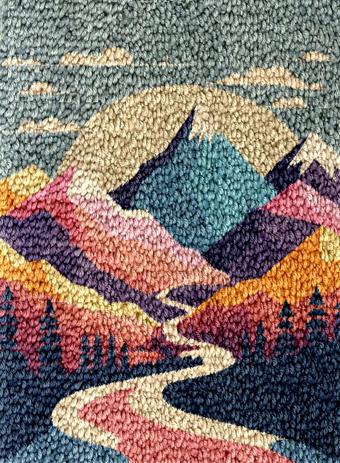 Landscape of Sunset Mountain Tree Latch Hook Rug Kit for Adults DIY Carpet Cushion with Printed Canvas Crochet Yarn Craft Hook and Latch Tapestry for Home Decor Pets Warm Pads 60x40cm(1)