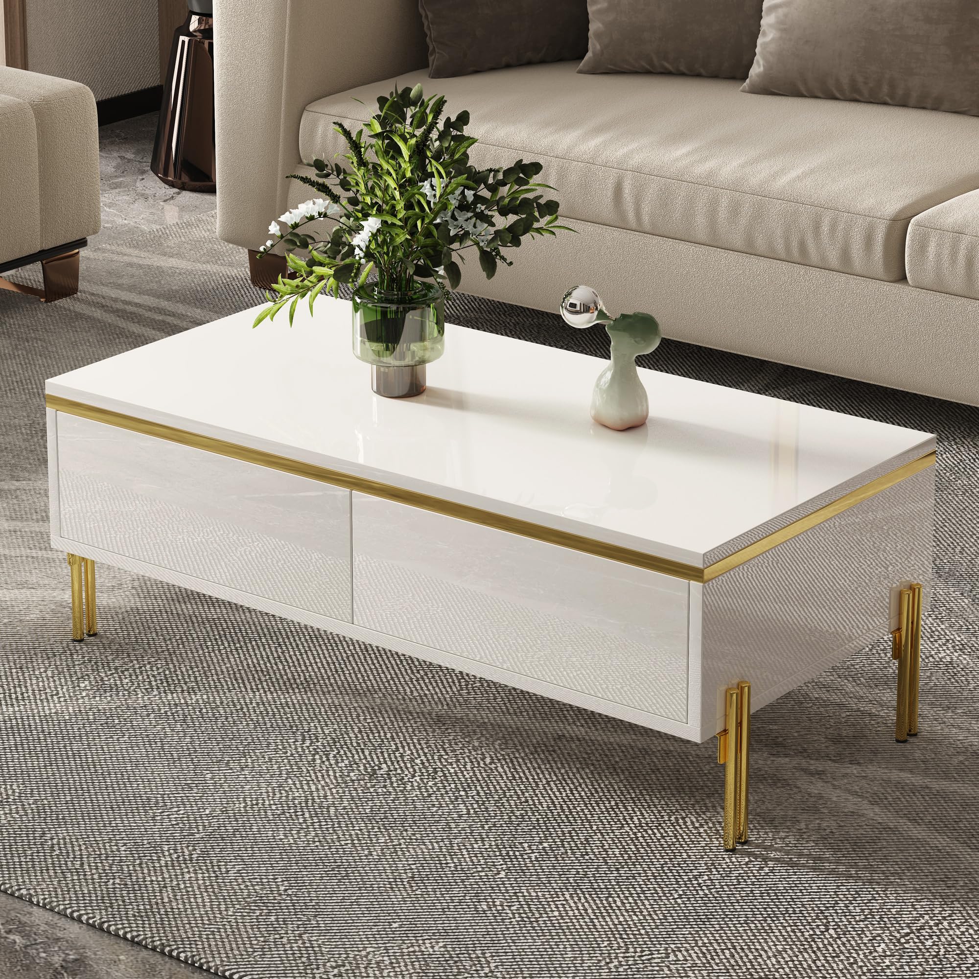 Merax High Gloss Coffee Table with 2 Drawers White Frame with Gold Line — image 1