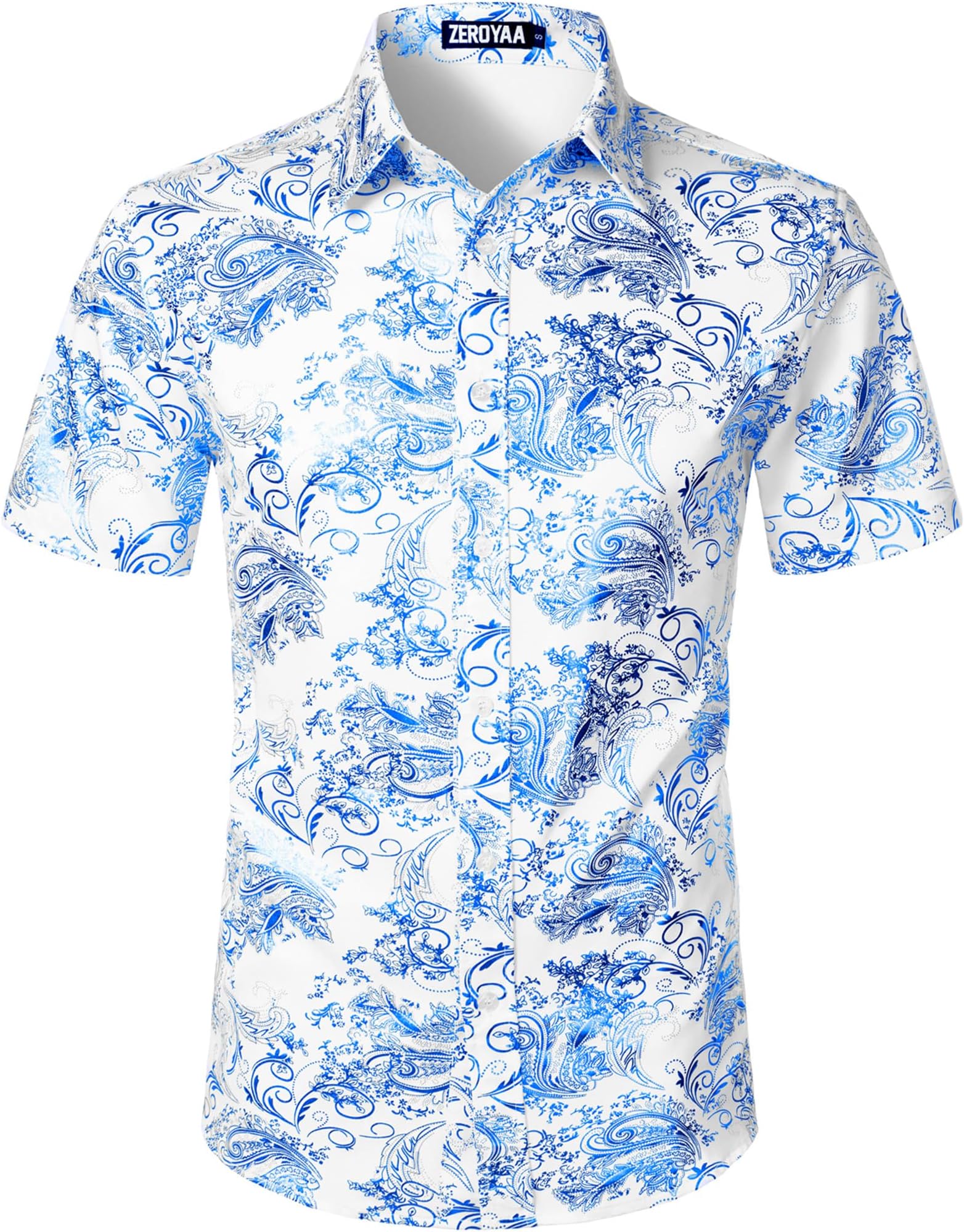 ZEROYAA Men's Luxury Paisley Shiny Printed Slim Fit Short Sleeve Button Up Dress Shirt