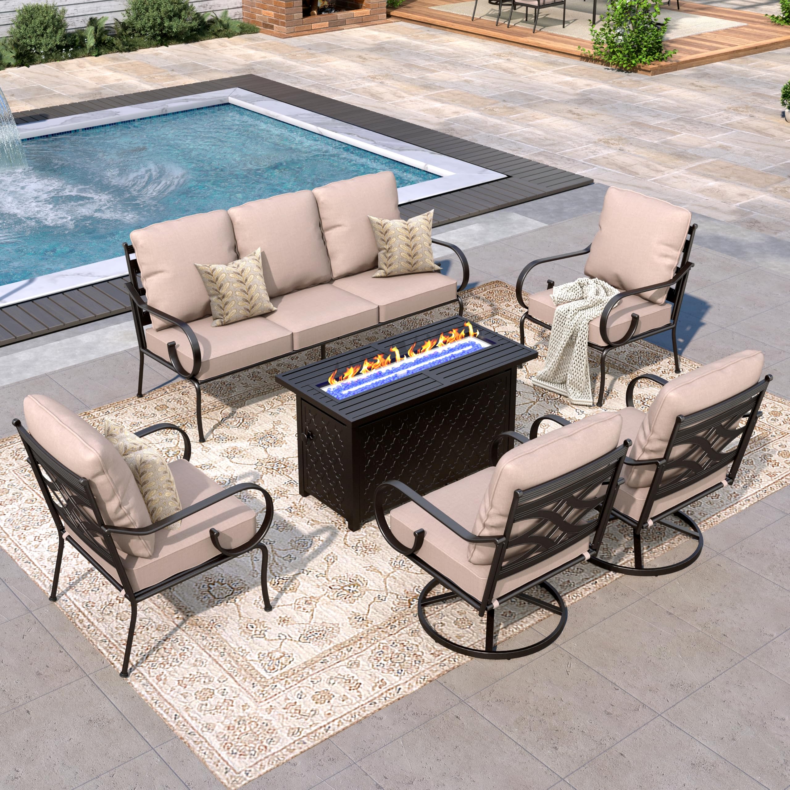 6-Pieces Metal Patio Furniture Sets, Outdoor Sectional Patio Conversation Set with Fire Pit Table, ALL Weather Black Metal Patio Sofa Set with Beige