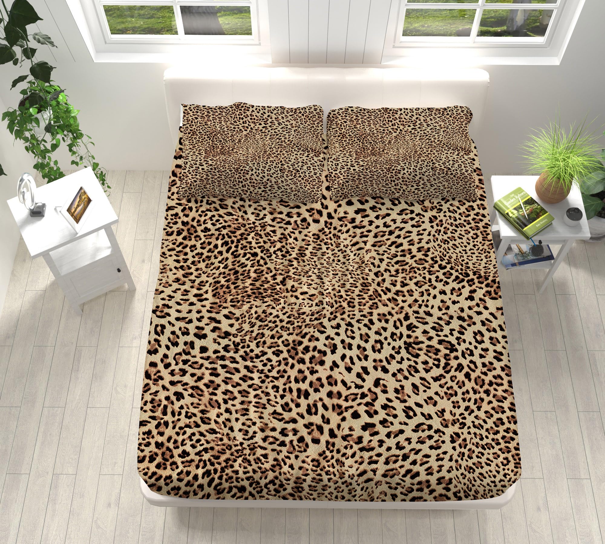 VENESS Fitted Sheets Double 54x75 inch, Animal Leopard Print Sheets with Pillow Cases - All Around Elastic 30cm Deep Hypoallergenic Microfiber Easy Care No Color Fade for Children and Adults