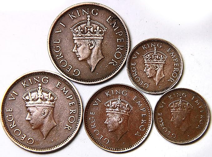 HISTORICAL INDIA Quarter Anna, 1/2 Pice , 1/12 Anna British India George VI - First Head and Second Head 5 Copper Coins Collection - ( 1938 - 1945 ) - Brown