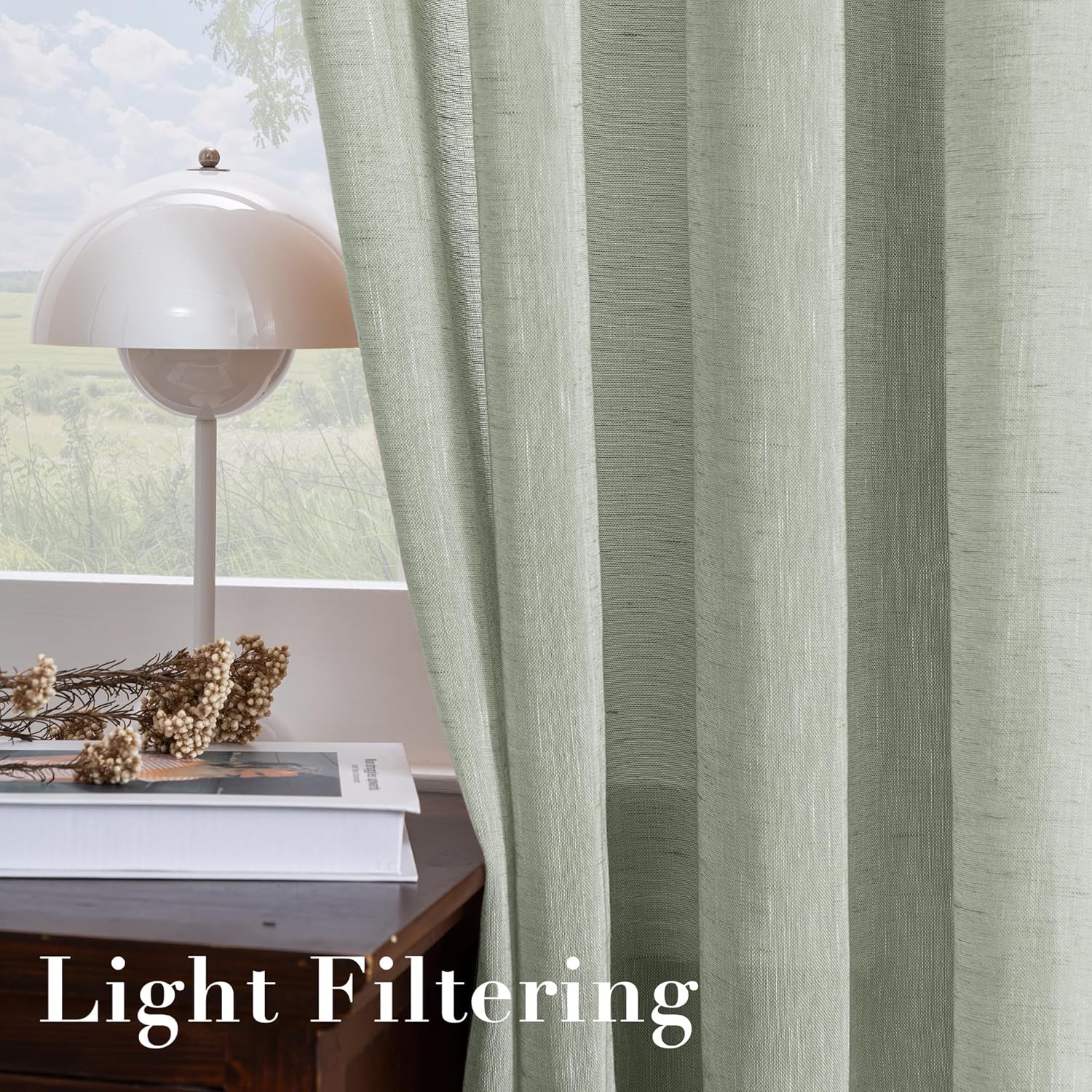 H.VERSAILTEX Linen Curtains Natural Linen Blended Curtain Panels for Living Room/Light Reducing Linen Semi Sheer Curtains 84 inch Length 2 Panels Set Nickel Grommet Window Panels, Sage