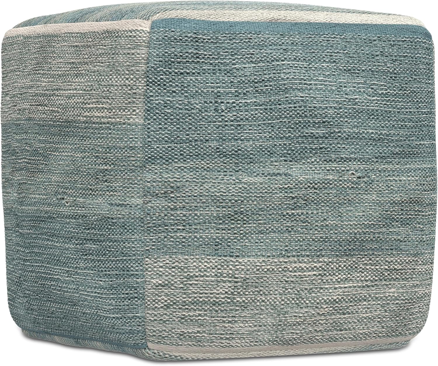 SIMPLIHOME Naya Cube Pouf - 16 inch Wide Upholstered Handwoven Cotton Ottoman in Blue Melange, Boho Footstool or Extra Seating for Living Room or Bedroom with Polystyrene Filling, Assembled