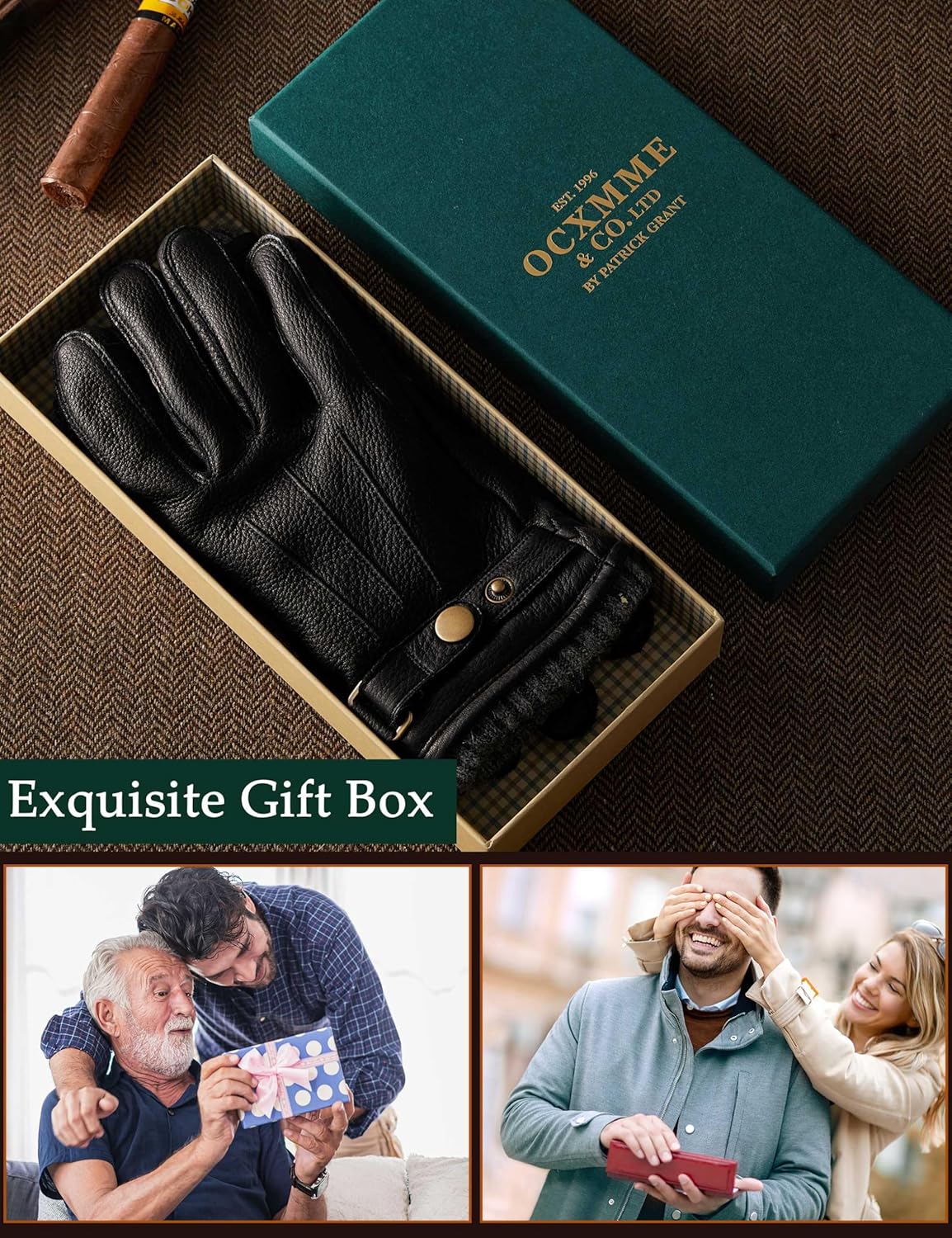 Handsome Genuine Deerskin Leather Gloves for Men Cashmere Lined Ergonomic Fingers More Comfortable