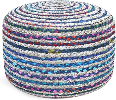 SIMPLIHOME Margo Boho Round Pouf in Blue Braided Jute for the Living Room, Bedroom and Kids Room