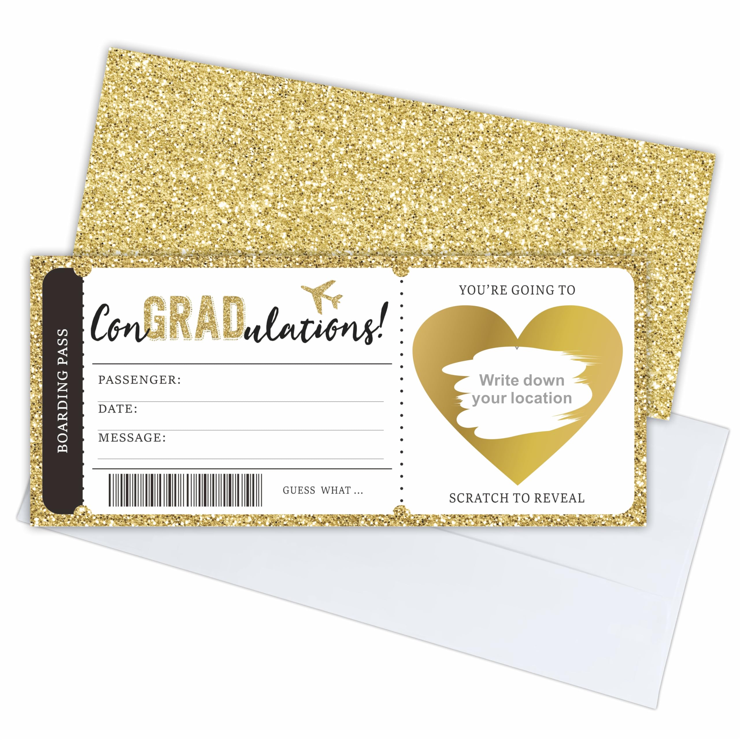 NYCTUG 3.5"X8" Graduation Boarding Pass Tickets With Envelopes - 2 Surprise Reveal Cards & Heart-Shaped Stickers - Gold Congratulations! - DIY Scratch