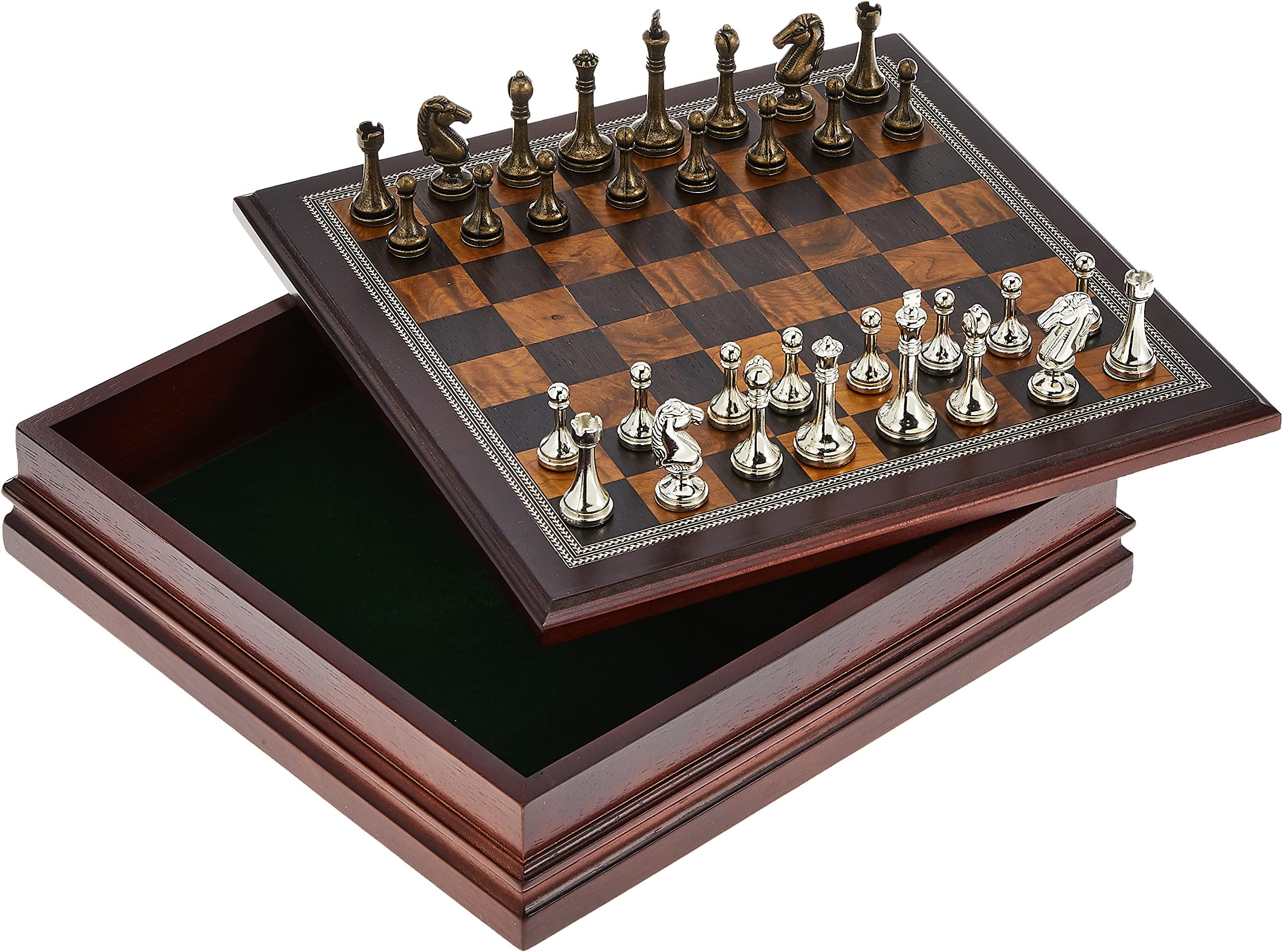 Metal Chess Set with Deluxe Wood Board and Storage - 2.5" King, Gold/Silver/Brown (985)