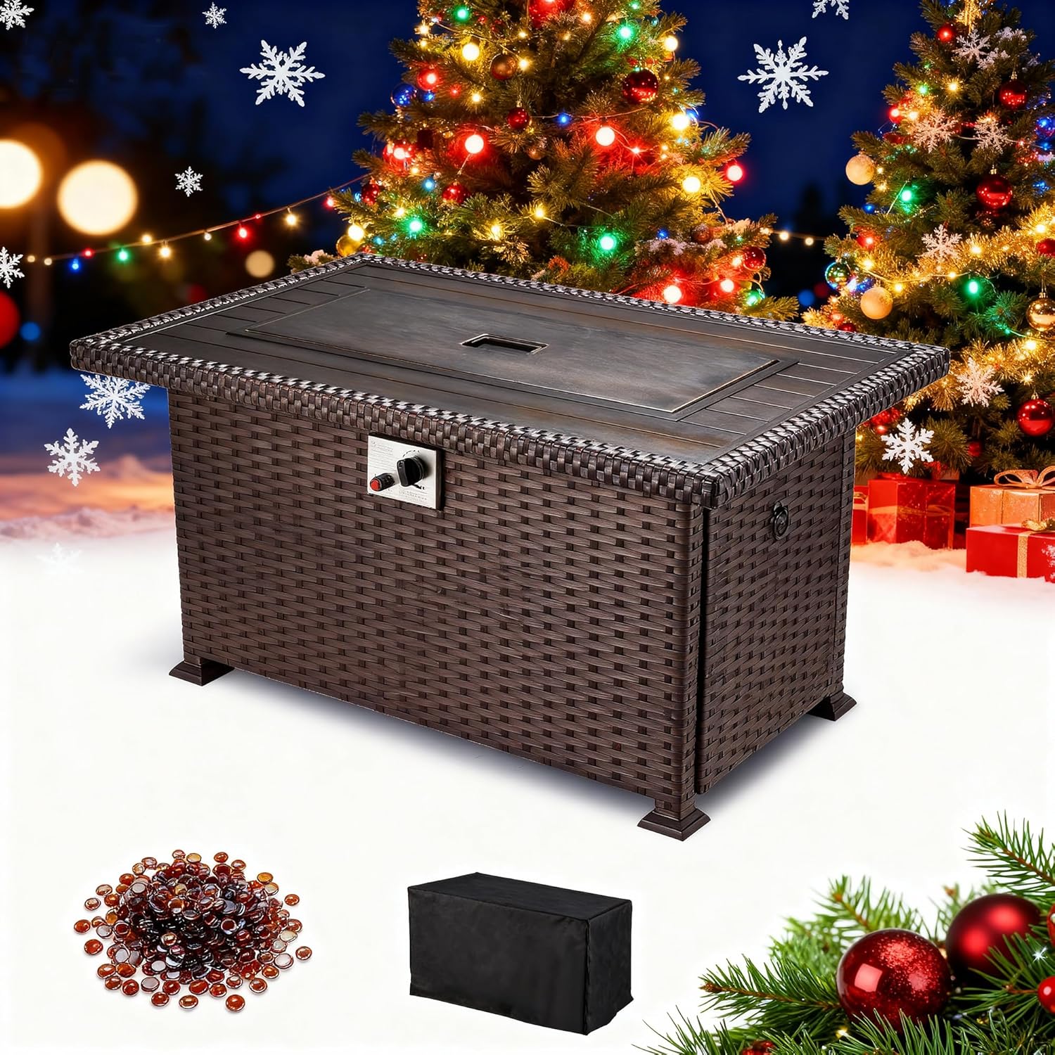 HOMREST 44in Outdoor Propane Gas Fire Pit Table, 50,000 BTU Auto-Ignition Gas Firepit, Black Tempered Glass Tabletop & Blue Glass Rock, Brown PE Rattan, CSA Certification