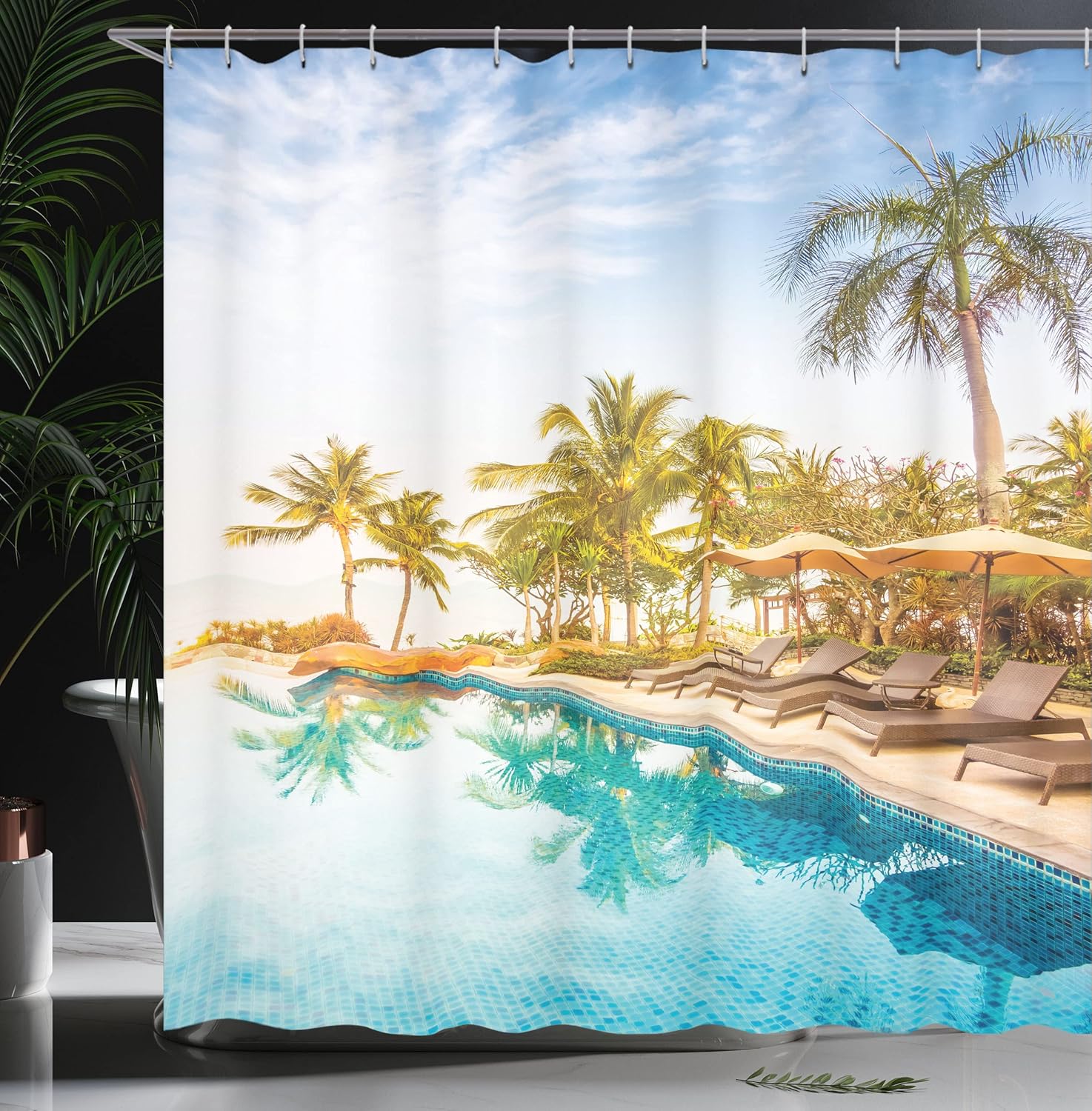Ambesonne Landscape Shower Curtain, Aerial View of a Poolside Exotic Island Vacation Times Summer Holiday Photo, Cloth Fabric Bathroom Decor Set with Hooks, 69" W x 70" L, Sky Blue Soft White Green