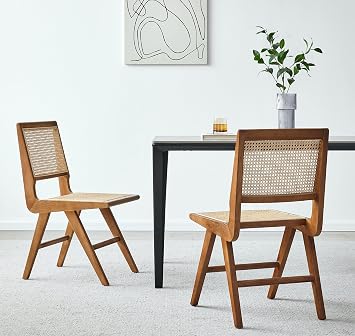 Rattan Chair Set of 2, Cane Dining Chair with Cane Back & Wood Base, Mid Century Modern Chair for Living Room, Kitchen, Dining Room, Yard, Study Room, Teahouse, Hotel, B&B, Walnut