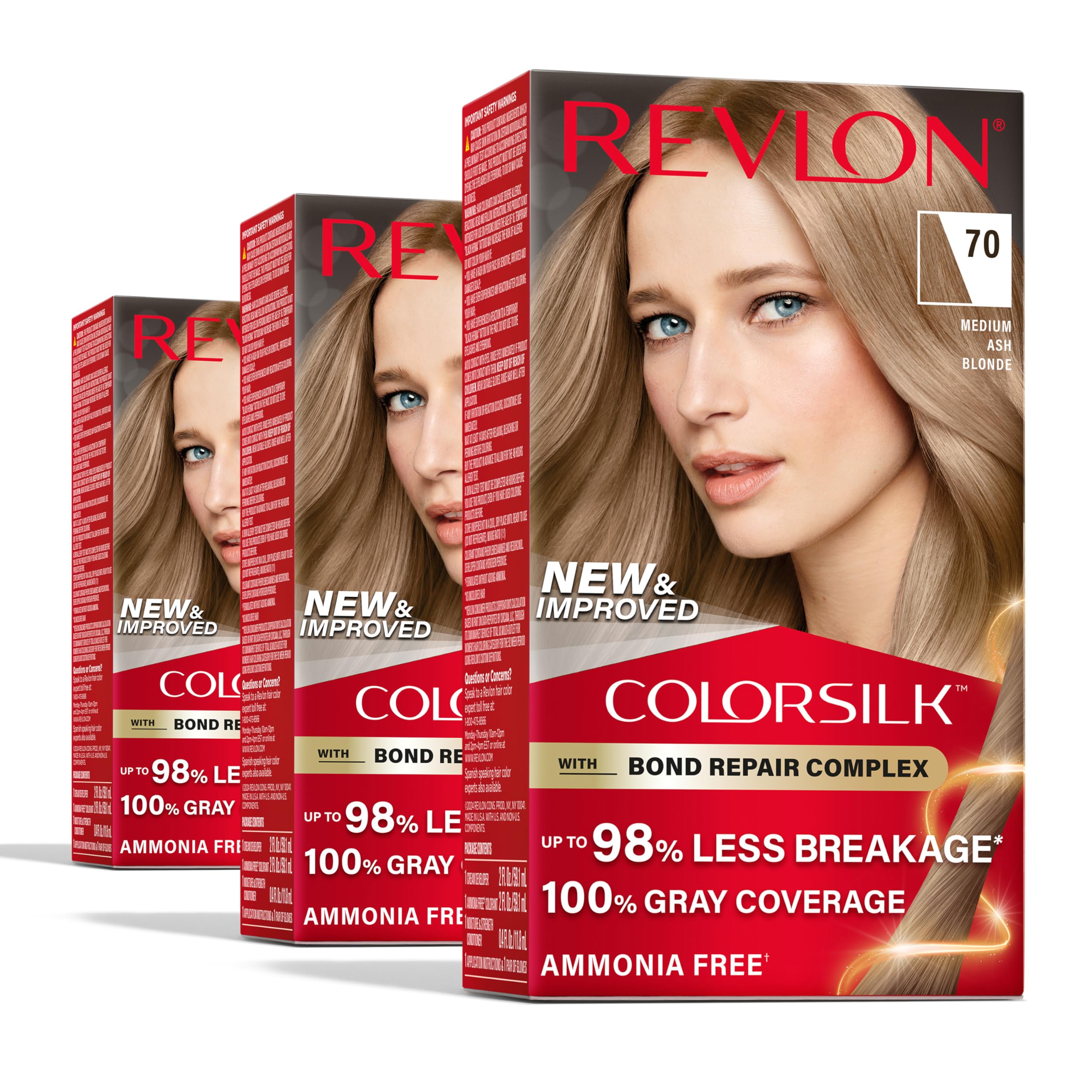 REVLONColorSilk with Bond Repair Complex, Blonde Permanent Hair Color, 100% Gray Coverage, Ammonia Free Hair Dye, Vegan Keratin, 70 Medium Ash Blonde (Pack of 3)