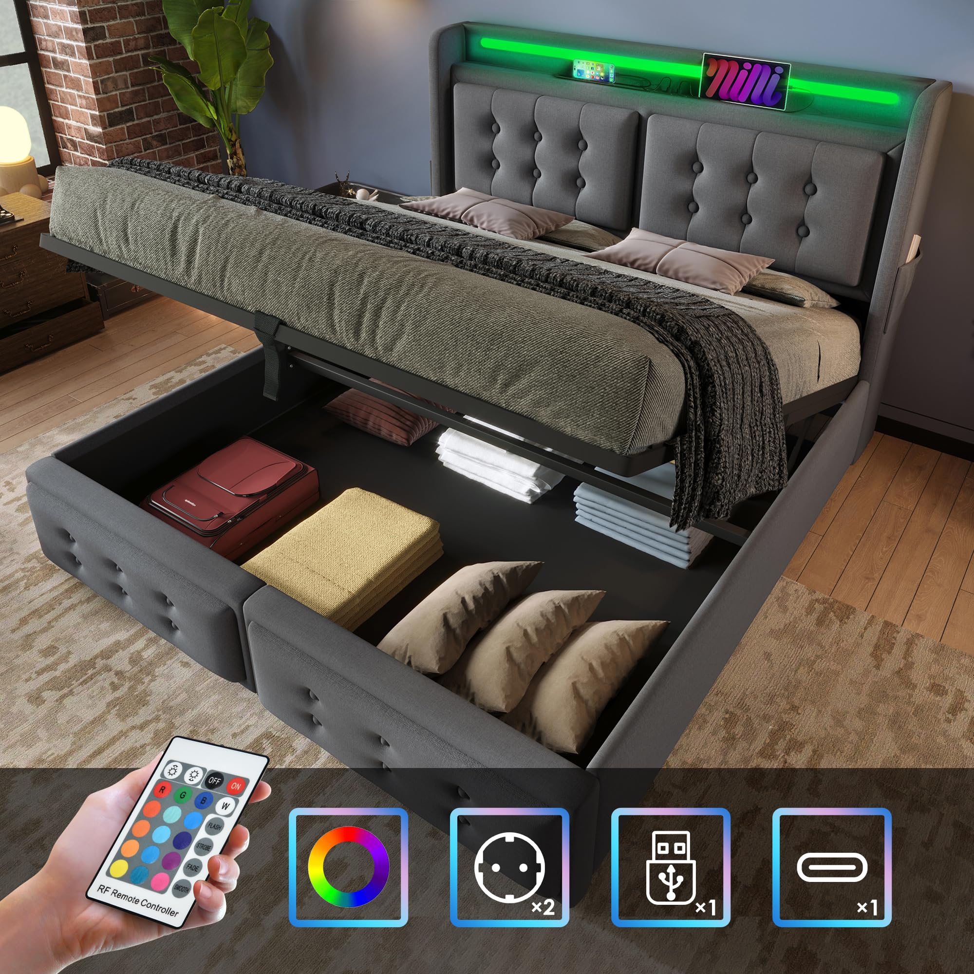Letto imbottito 140 x 200, letto matrimoniale con testiera a LED e funzione di ricarica USB C, letto idraulico con rete a doghe in legno e struttura in metallo, portata 300 kg, colore grigio, cotone