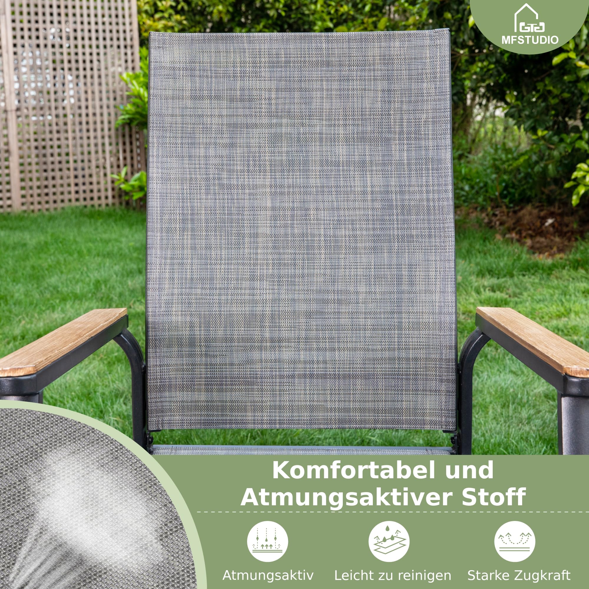 MFSTUDIO Gartenmöbel Set, Terassenmöbel Außen | Bestehend aus Tisch und 4 Stühlen, Rostfreies Metall, Stapelbare Stühle, 152 x 96 x 71 cm, Sonnenschirmöffnung 4–5 cm