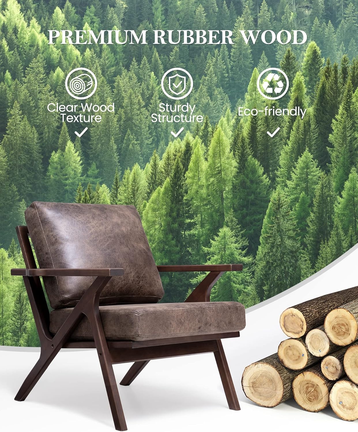 Crestlive Products Mid-Century Accent Armchair, Farmhouse Upholstered Wooden Lounge Chair with Cushions for Living Room, Bedroom, Dorm (Brown)