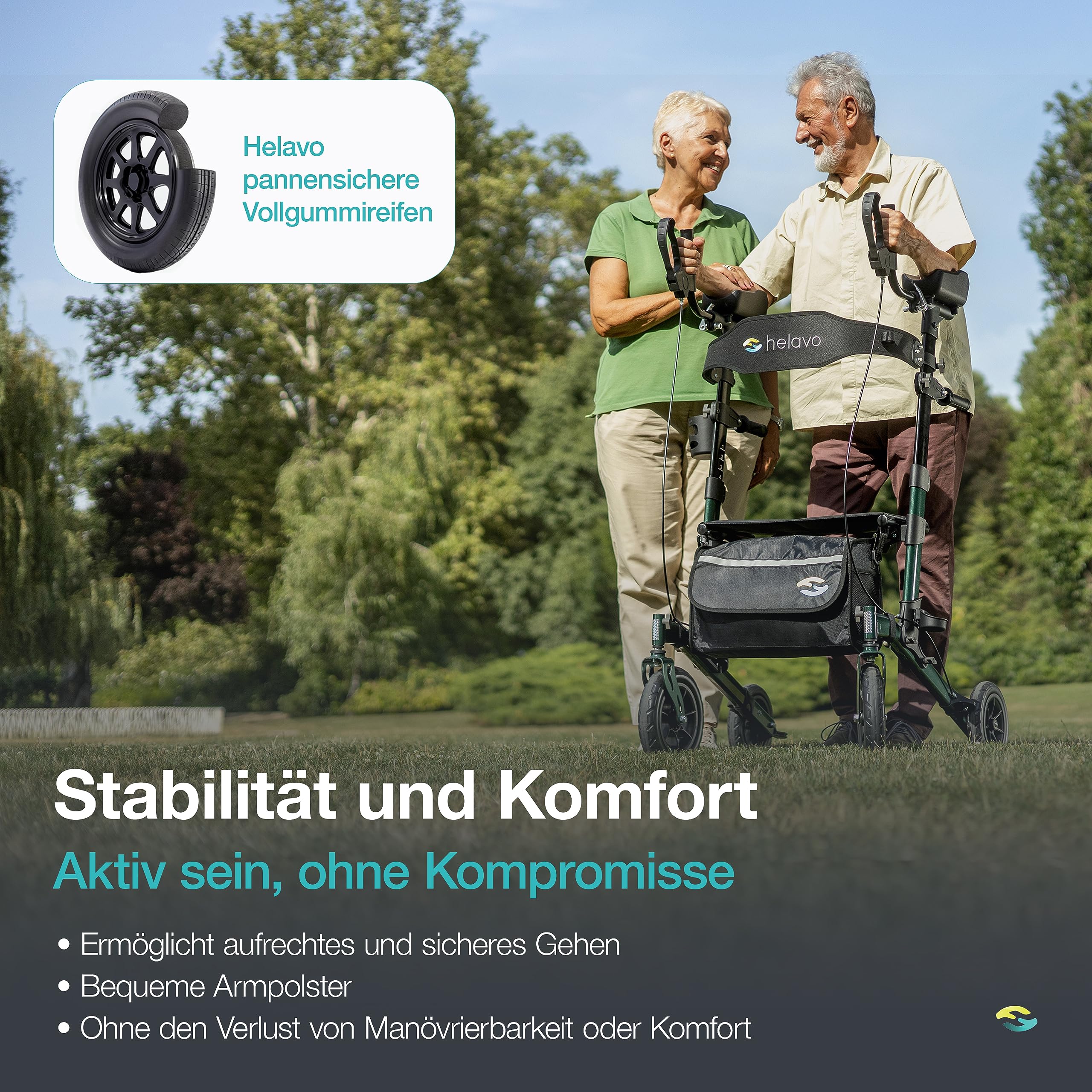 Helavo Outdoor-Arthritis-Rollator mit Sitz & gepolsterten Unterarmstützen | Aluminium Stand-Up-Rollator mit Armauflagen - 10" Vollgummireifen perfekt für jeden Untergrund - Mit Sitz & Rückenlehne