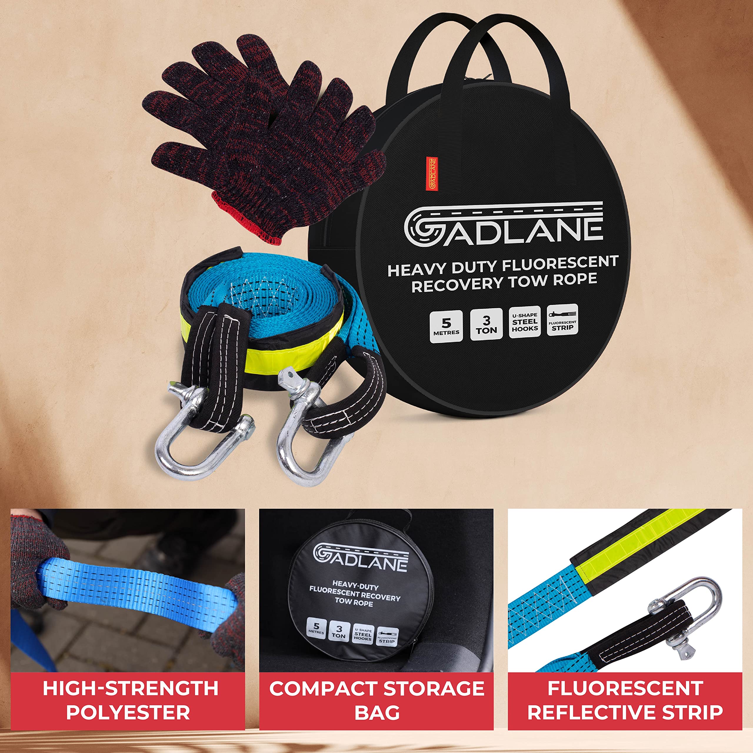 GADLANE Molta Forza Corda Da Traino Con Strisce Riflettenti Con 2 Ganci Di Sicurezza Cinghia Traino Guanti E Custodia Inclusi - 8 Tonnellate - 5 Metri Di Lunghezza