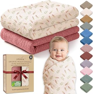 Baby-Musselin-Decke aus Bio-Baumwolle, 119,2 x 119,2 cm, atmungsaktiv, hypoallergen, doppellagig, vielseitig verwendbar (Blumenrosa, 119,2 x 119,4 cm)