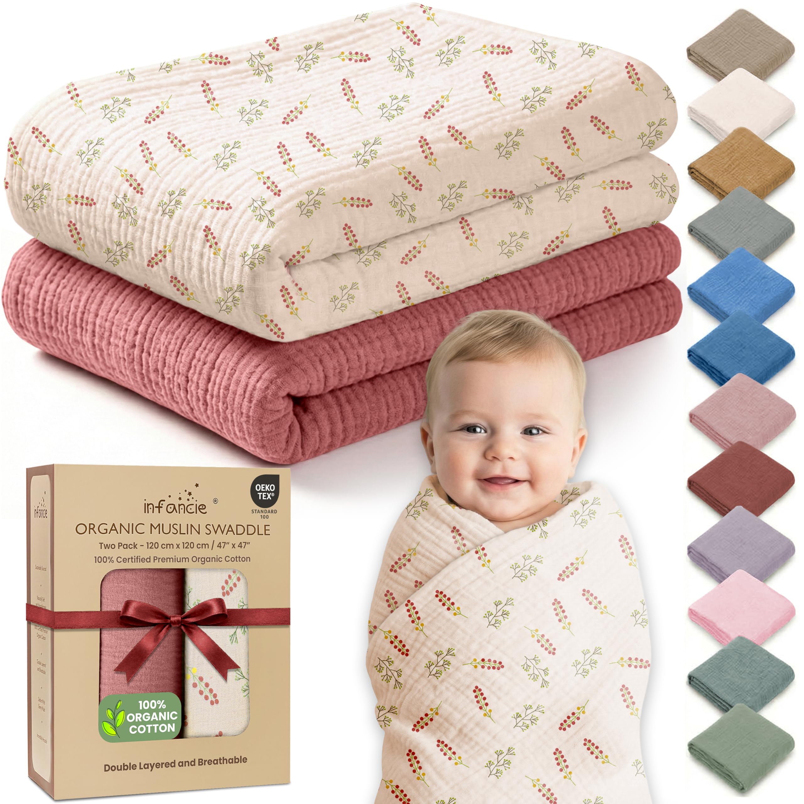 Couverture en mousseline bio pour bébé - 120 x 120 cm - Couverture ultra douce à emmailloter et chaude pour nouveau-nés, tout-petits et nourrissons - Légère, respirante (rose/floral, 120 x