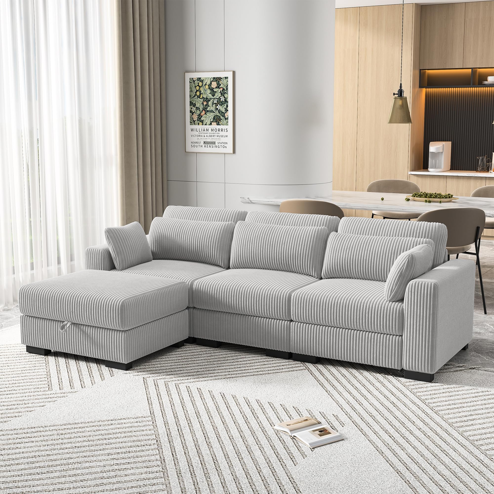 Sofa de 3 Plazas,Sofá Acolchado Sofas de Salon Cheslong Sofa Cama Chaise Longue Sofá Modular Suelo Sofás en Forma de L de Pana con Cojín Y otomano (Gris, 3 plazas+1 reposapiés)