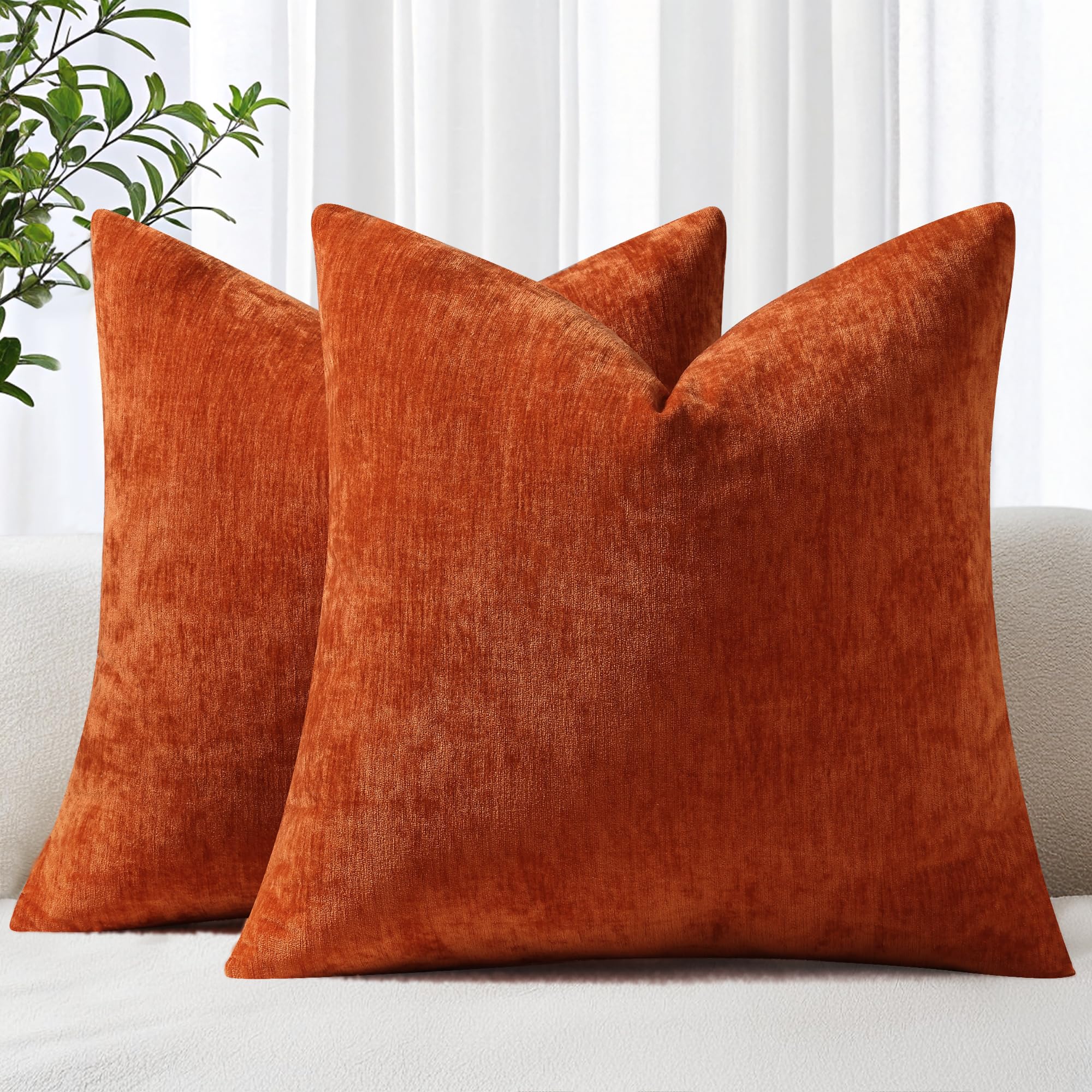 Housse de coussin 66x66 en chenille haut de gamme couleur rouille d'automne