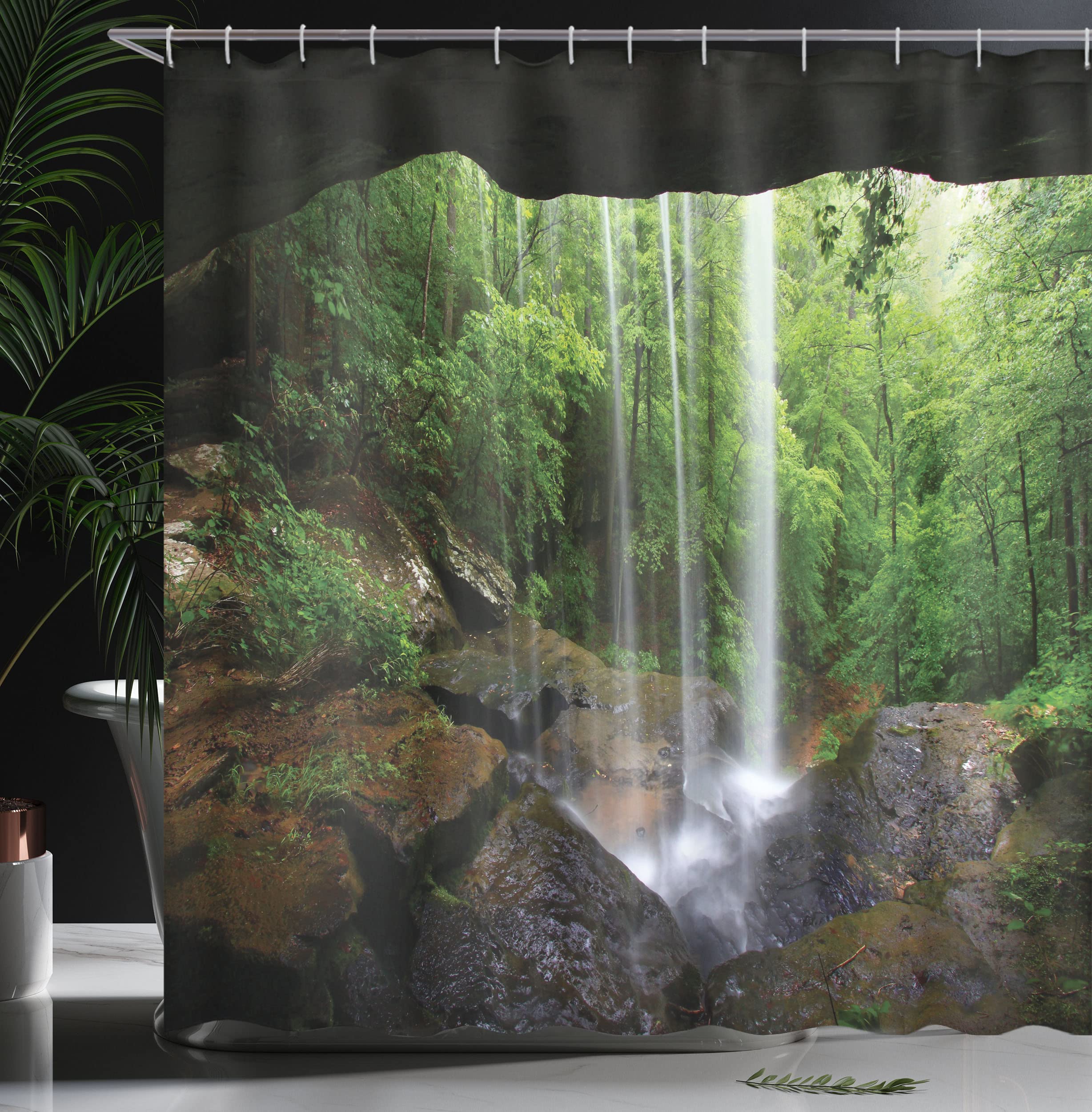 ABAKUHAUS Natural Cave Shower Curtain, Still Waterfall in the Forest in Northern Alabama Habitat Ecosystem Scenery - Image 3