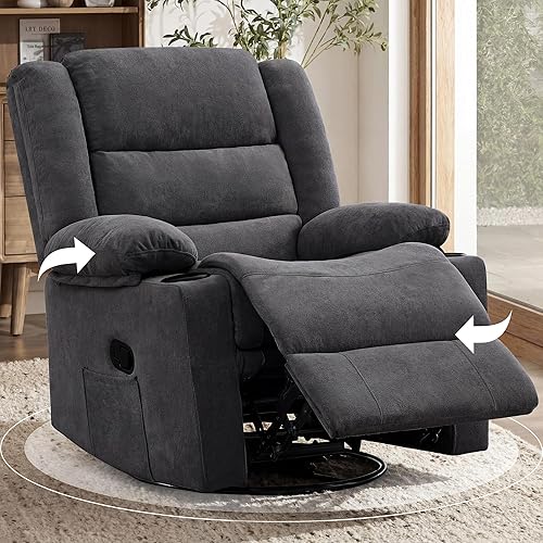 Recliner Chair,360°Swivel Rocking Chairs for Adult,Nursery Chair,Recliner with Side Pockets and Cup Holders,Rocker Recliner with a Suitable for Living Rooms,Bedrooms,Grey