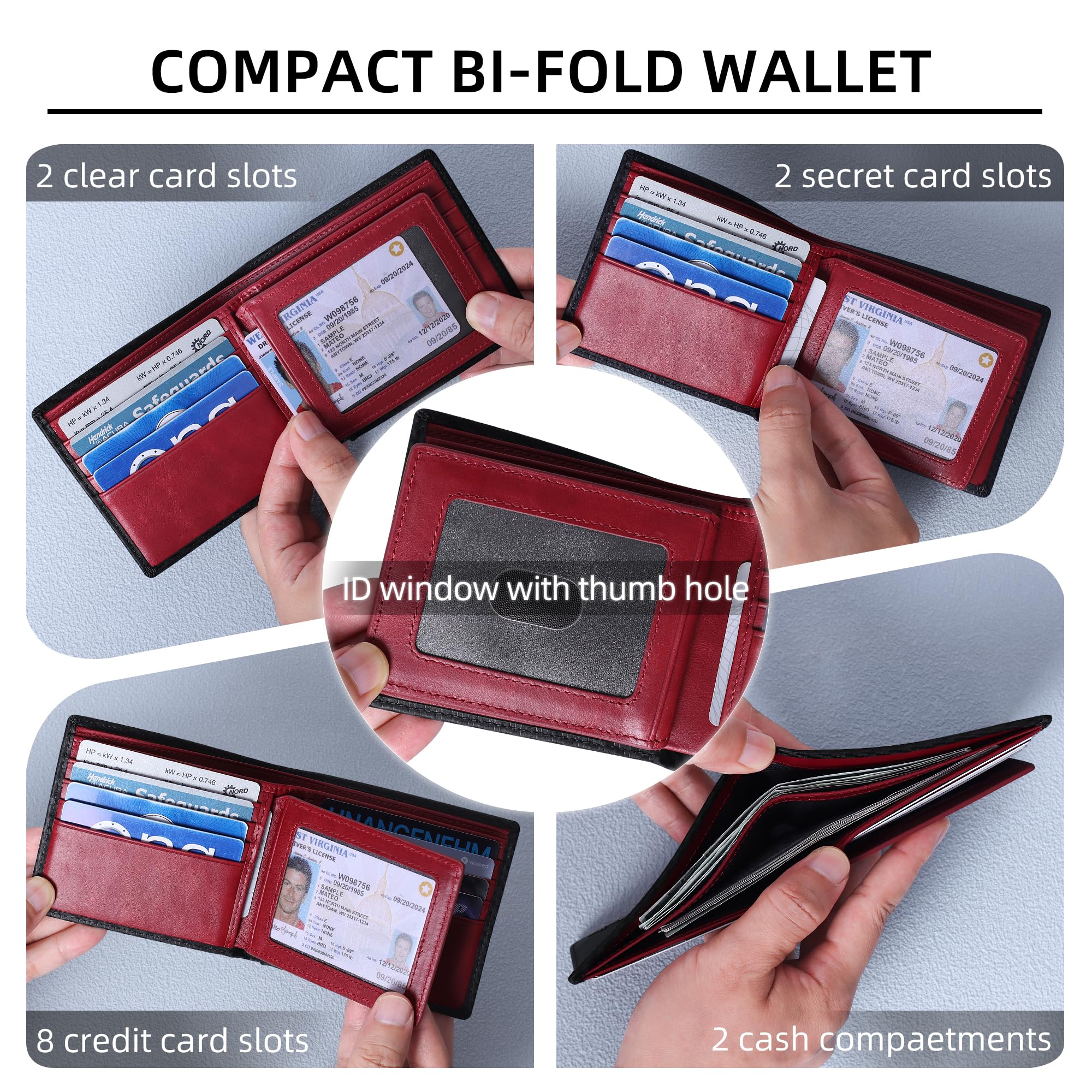 VISOUL Portefeuille Cuir Véritable pour Homme avec Blocage RFID, Classique Bifold Porte Feuille en Cuir avec 2 Compartiment à Billets, 10 Fente pour Carte et 2 ID Fenêtre (Carbone Noir+Rouge)