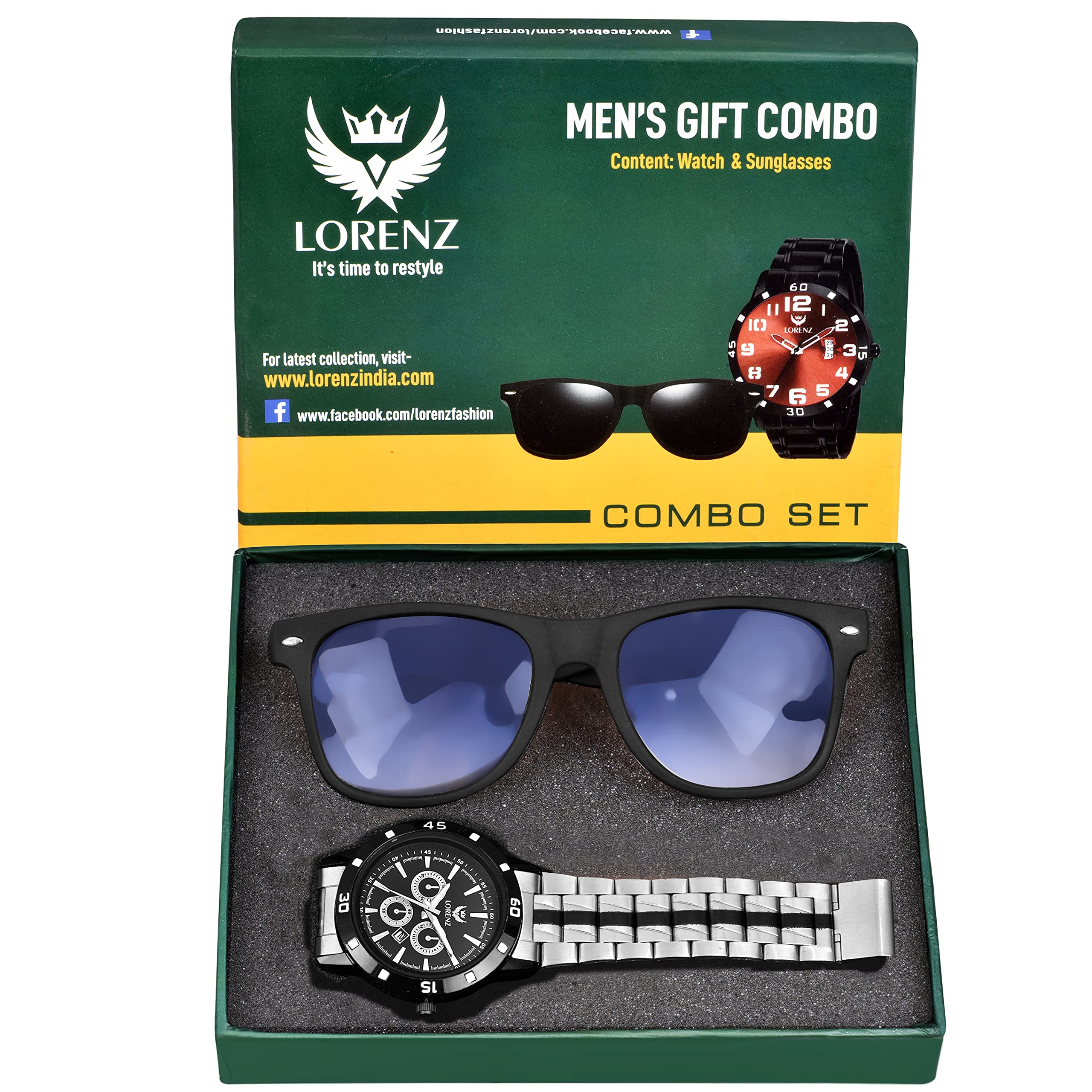 LORENZ Gift Set Combo of Mens Analogue Black Dial Watch & Blue Sunglasses | CM-3066SN-15 (B097BX8NNQ) Amazon Price History, Amazon Price Tracker
