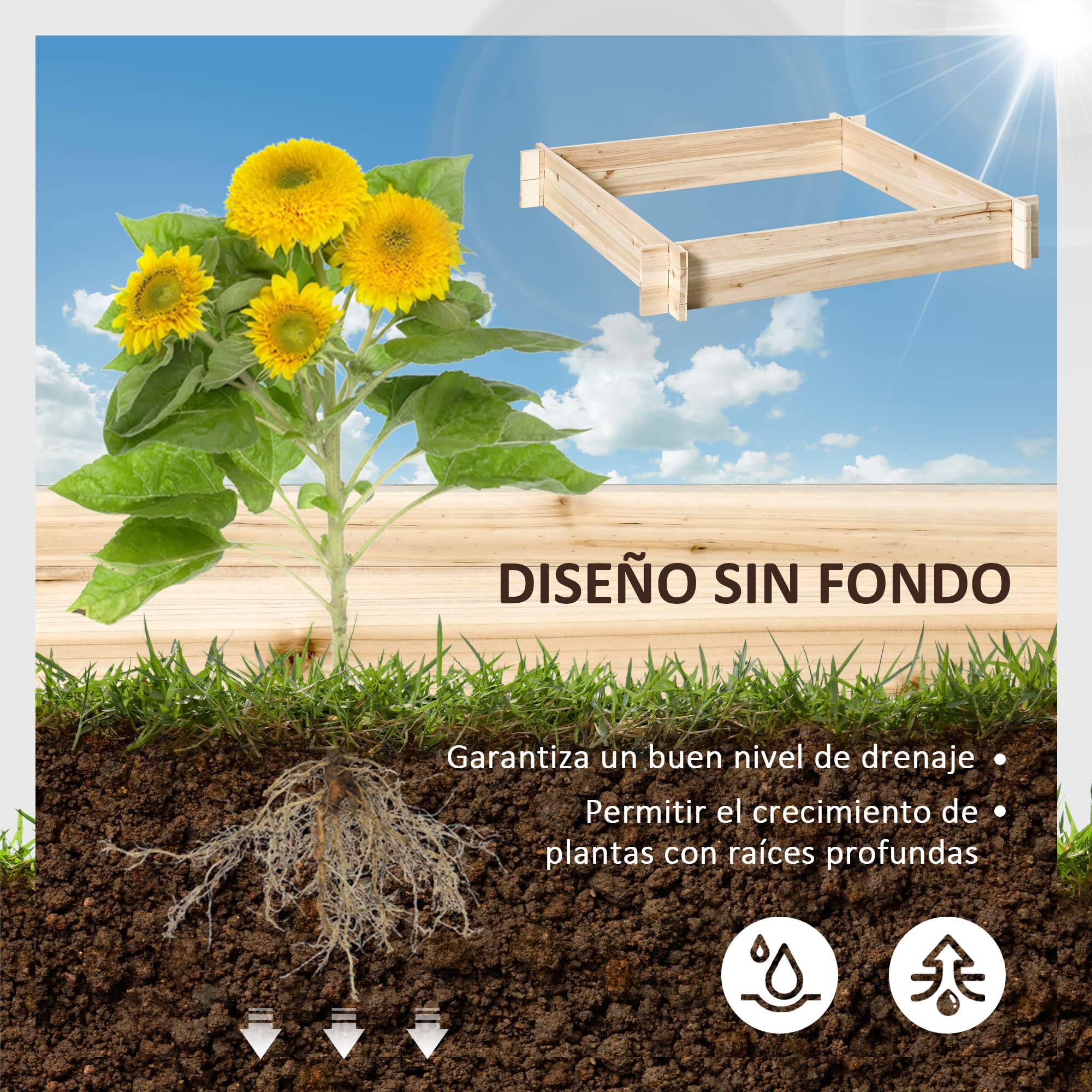 Outsunny Huerto Urbano Arriate de Madera de Jardín Cuadrada Jardinera Macetero para Cultivos Plantas Flores Hierbas Terraza 100x100x16 cm Natural