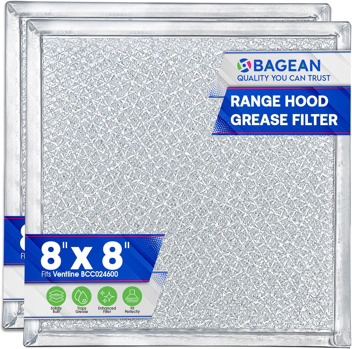 Bagean Stove Vent Filter 8x8 inch BCC024600 Compatible with Ventline Range Hood Filter Replacement for Kitchen Exhaust Fan - Aluminum Screen Blocks Grease & Filters Over Oven Air (2-Pack)