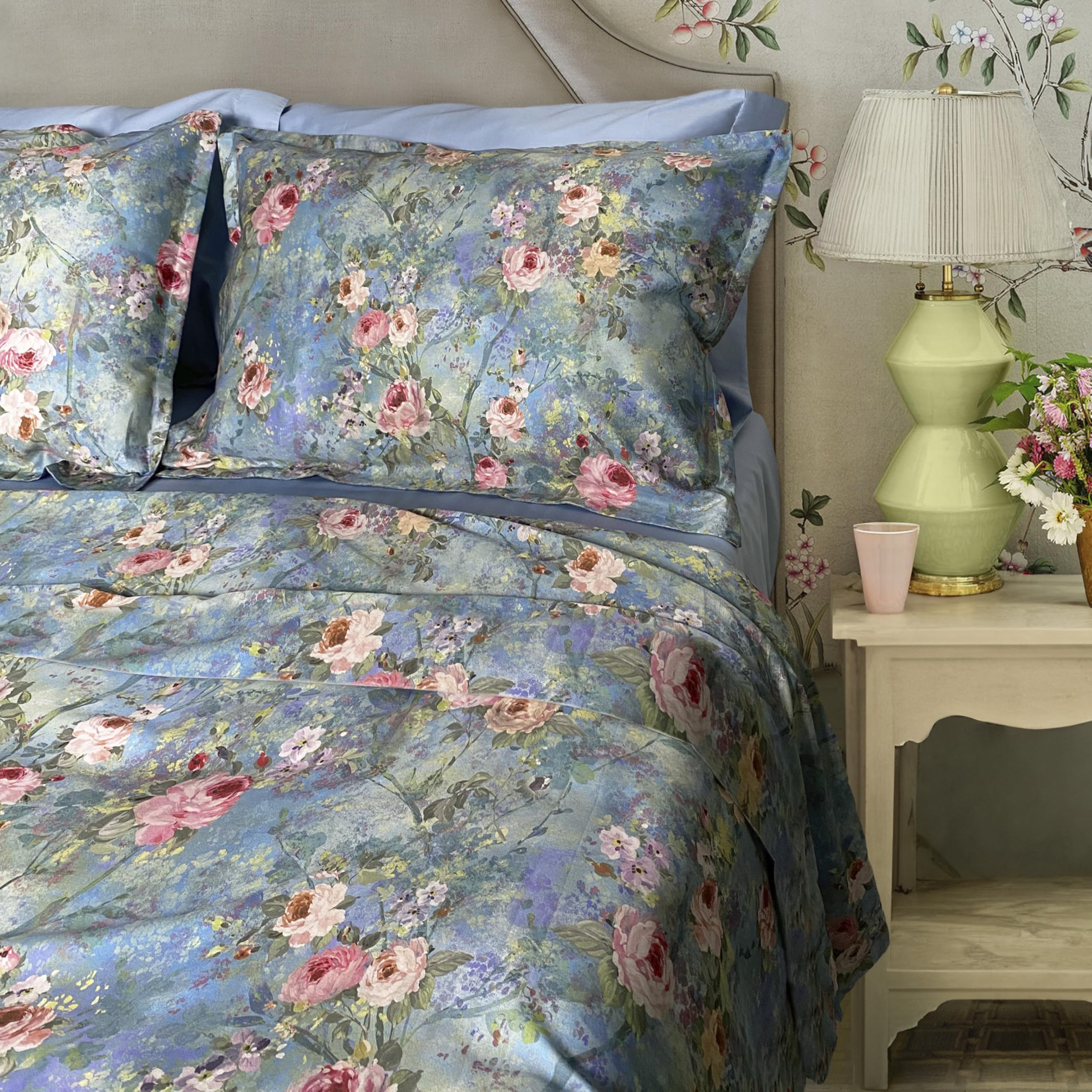 Mahome Set Lenzuola Matrimoniale Pregiato Raso di Cotone 100% 300 fili (TC) Artigianale di Lusso - Lenzuolo con Angoli 180x200x30 cm, Lenzuolo Sopra 250x290 cm, 2 Federe - Made in Italy – Elodie
