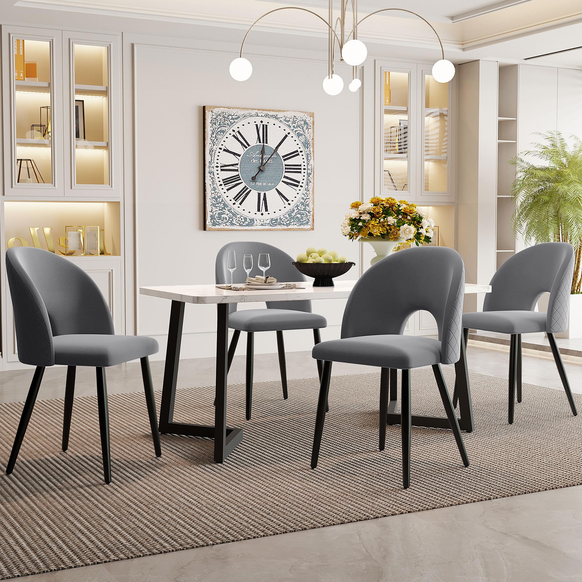 Mesa de comedor de 117 cm y 4 sillas de terciopelo gris
