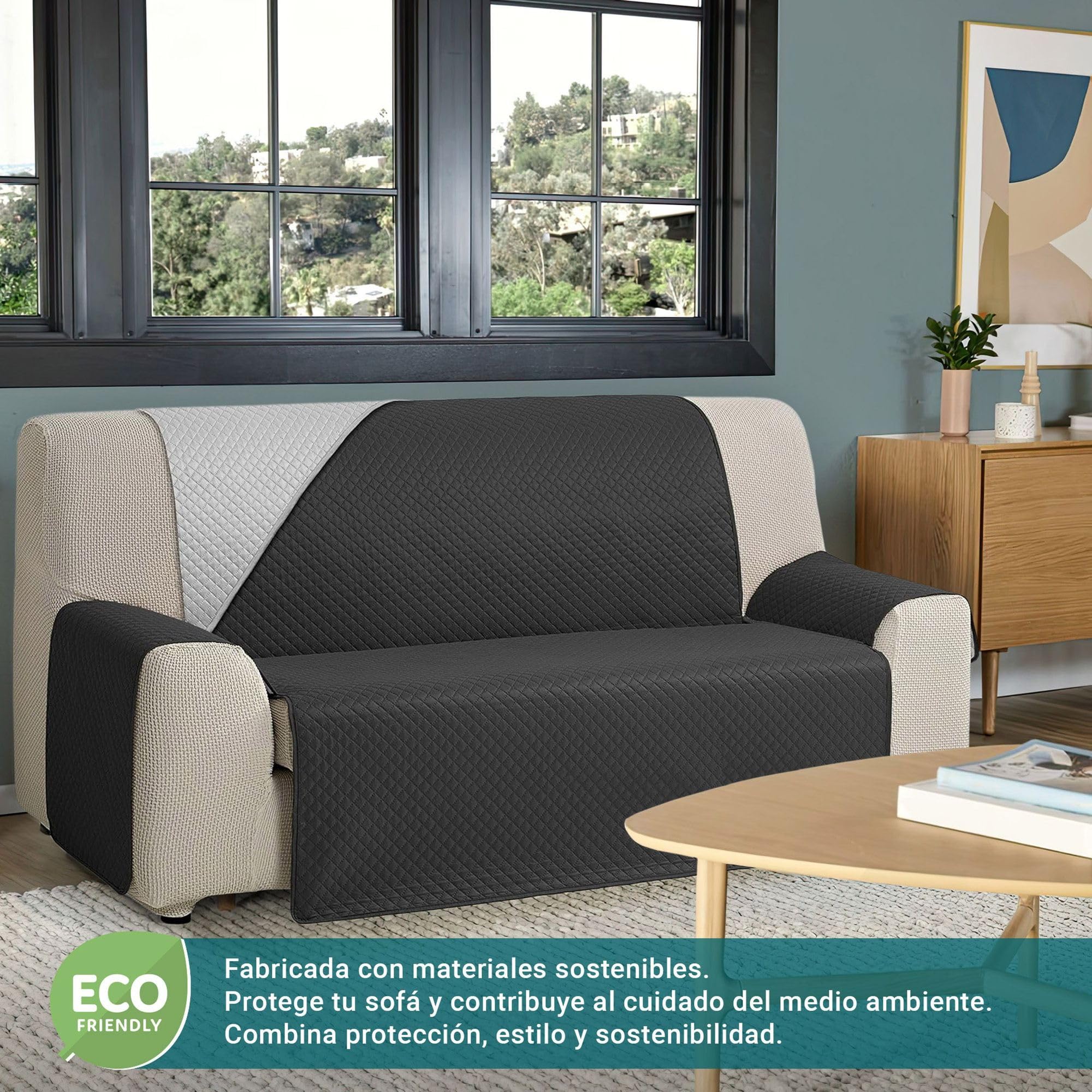 ECOMMERC3 Sofaüberwurf für 3-Sitzer, XL, extra weich, Verstellbarer Sofabezug mit Polsterung, Grau/Schwarz, Reversbile