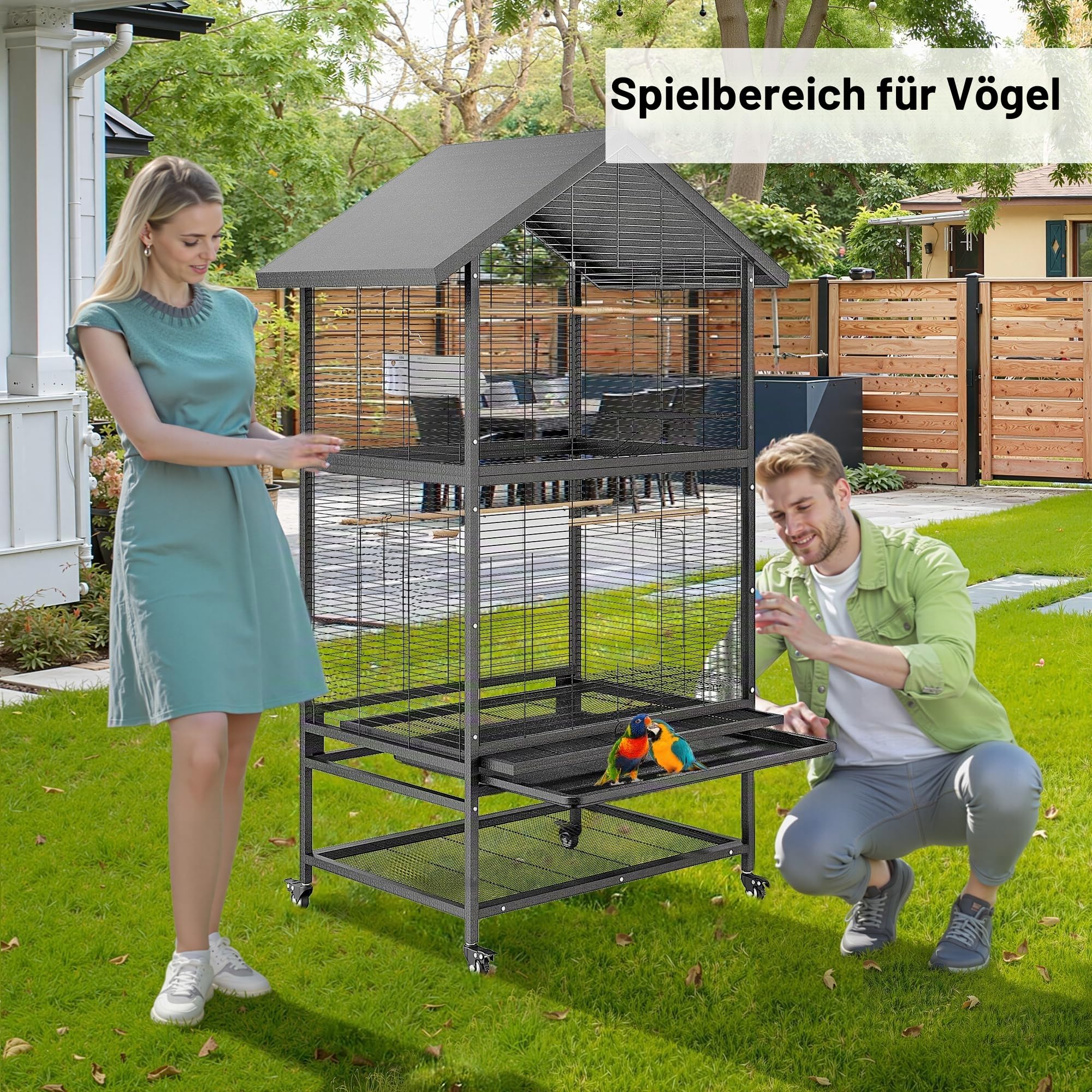GroßEr VogelkäFig, 166 cm GroßEr Metall-Futterspender Mit RäDern, FlugkäFig Mit 4 Metall-Futterspendern, Holzsitzstangen Und Ablage