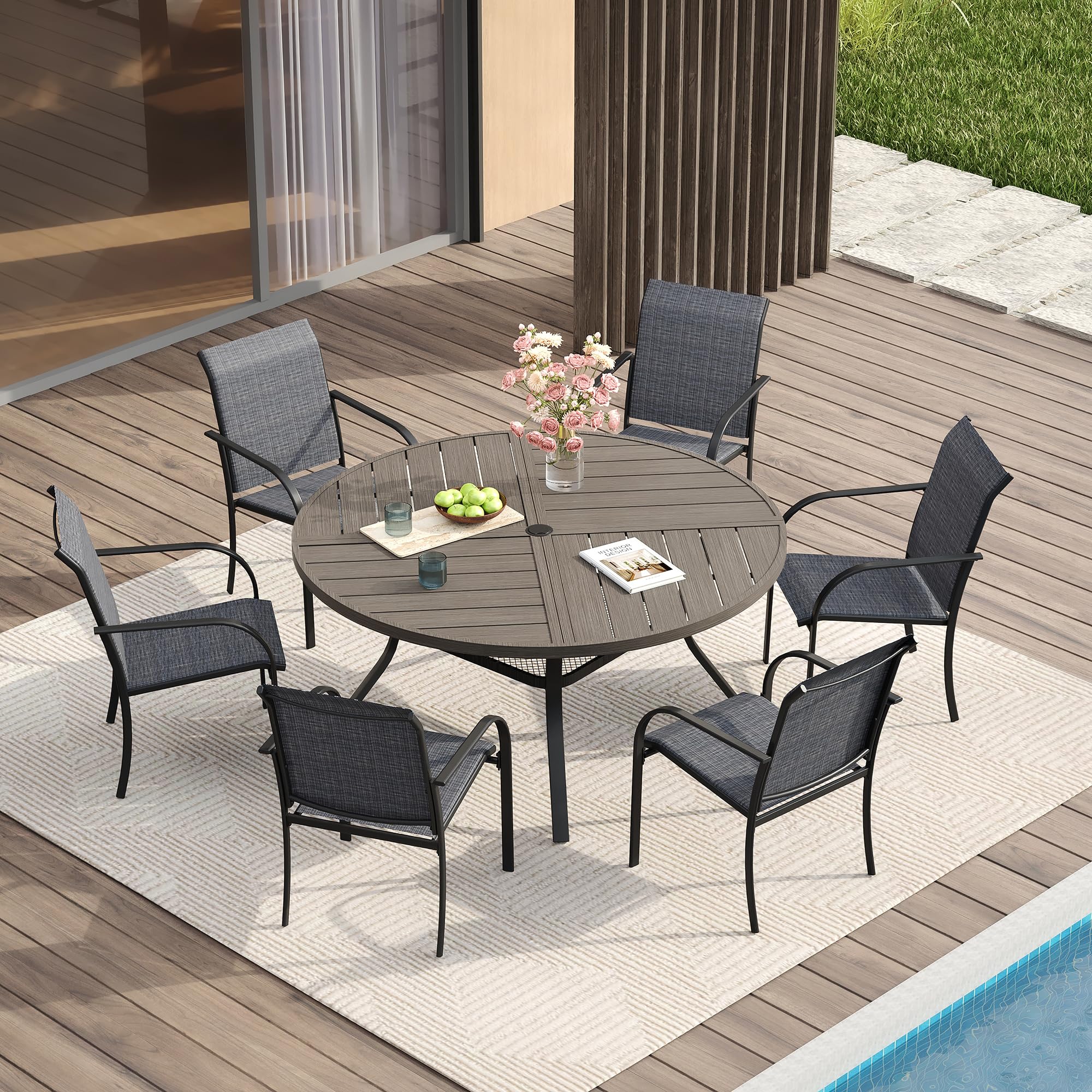 VICLLAX Patio Table and Chair Set of 6, All Weather Metal Round Outdoor Dining Furniture Set-47 Round Outdoor Table and Chairs, Grey Wood Grain Tabletop