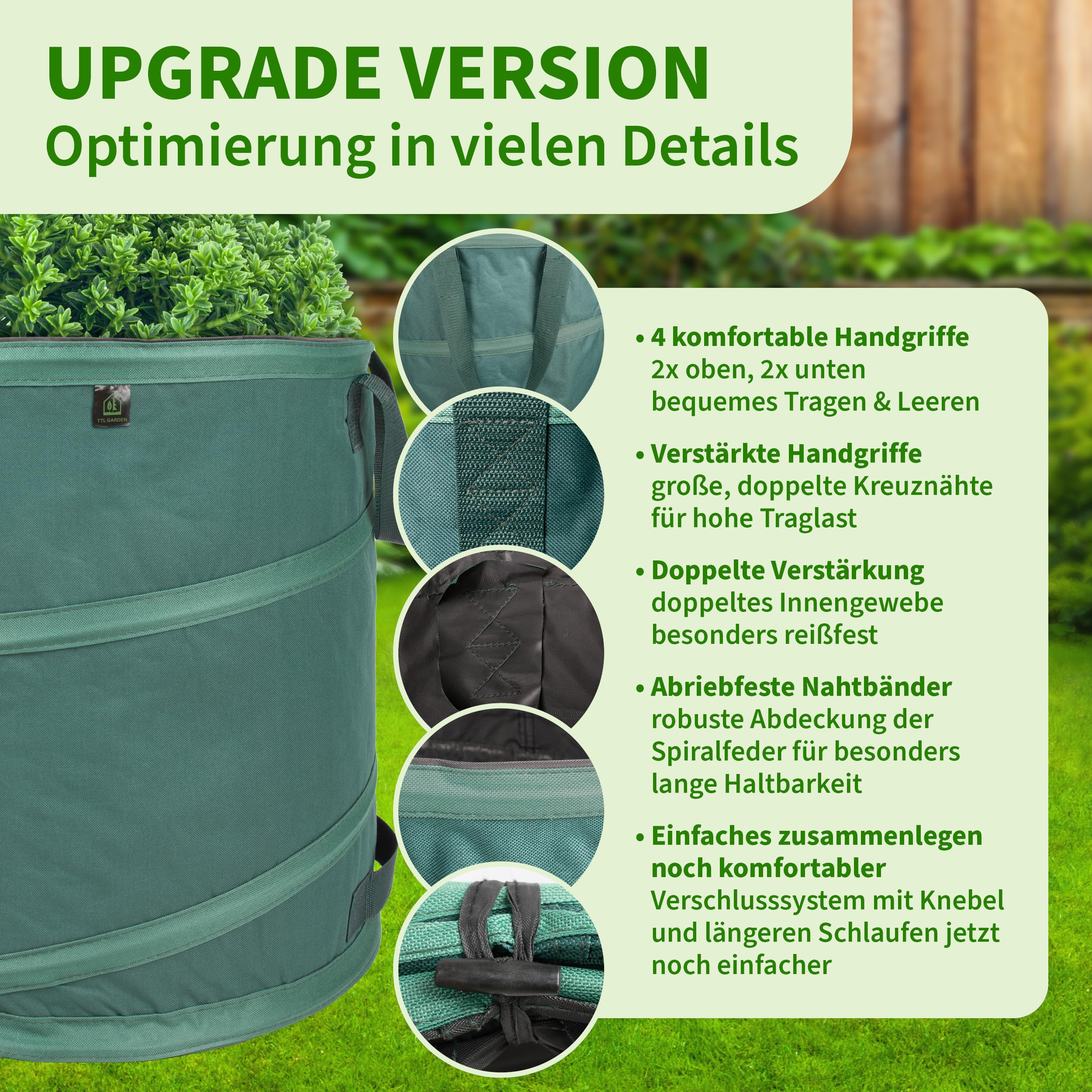 TTL GARDEN 3x 85L Premium Pop Up Gartensack - 220gsm 600D Oxford Gewebe selbstaufstellend extra robust & wasserfest - 3er Set 85 Liter – Gartenabfallsack Laubsack Sack für Gartenschnitt faltbar