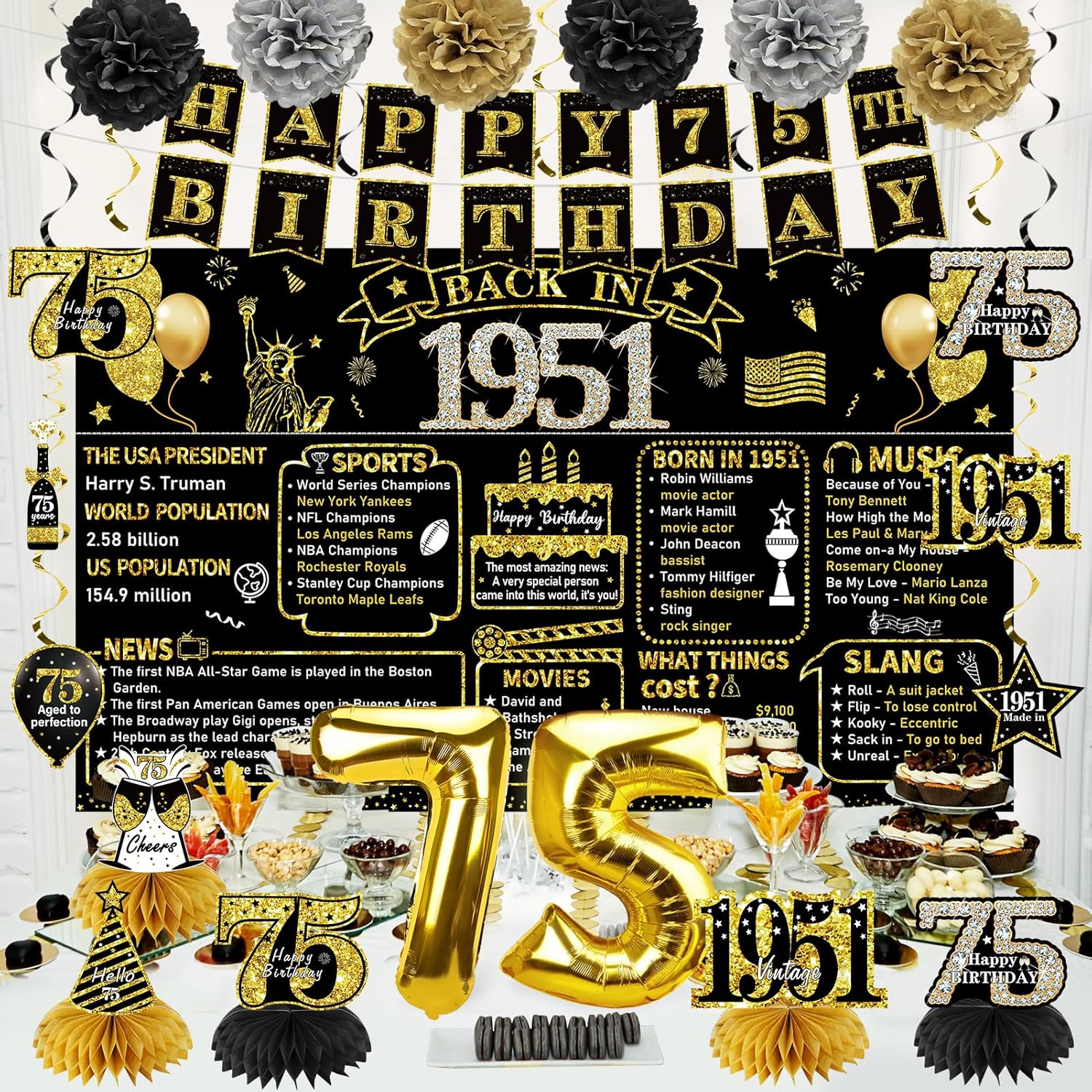 Zirtorei 75th Birthday Decorations for Men Women, 21pcs the Year 1951 Banner Balloon Party Supplies, Black Gold 75 Year Old Birthday Backdrop, 75 Bday Honeycomb Centerpiece Hanging Swirls Sash Gifts - Image 4