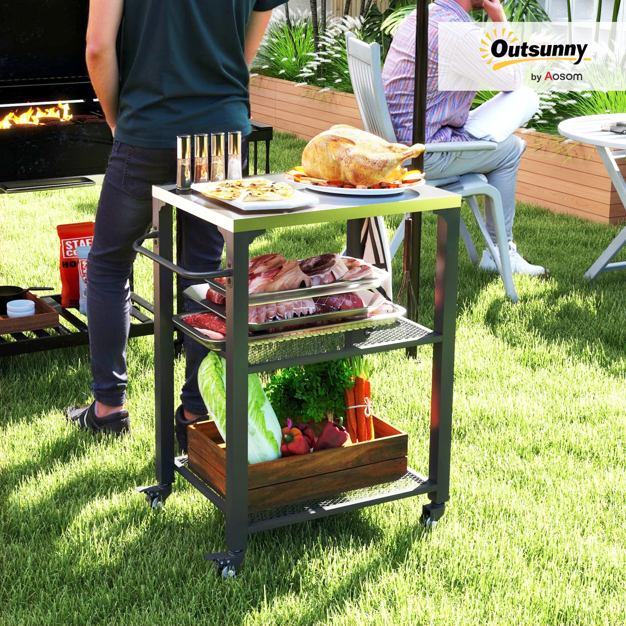 Outsunny Chariot de barbecue d'extérieur à trois étagères avec dessus en acier inoxydable, îlot de cuisine d'extérieur avec 4 roues, 3 crochets, table de four à pizza mobile pour cuisine, jardin, 65,5