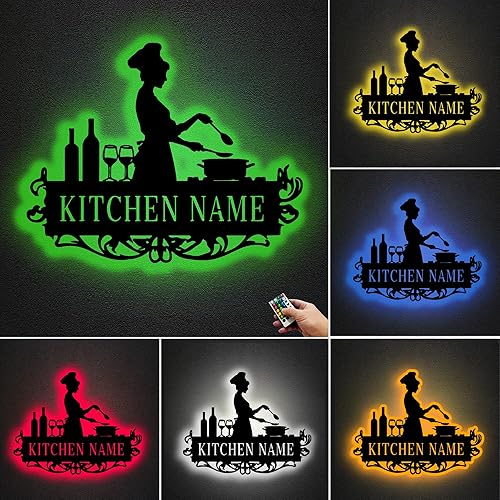 Miniatura 7 de Arte de pared de metal personalizado con nombre de chef, decoración de cocina personalizada con diseño de chef y batidor, letrero único grabado para