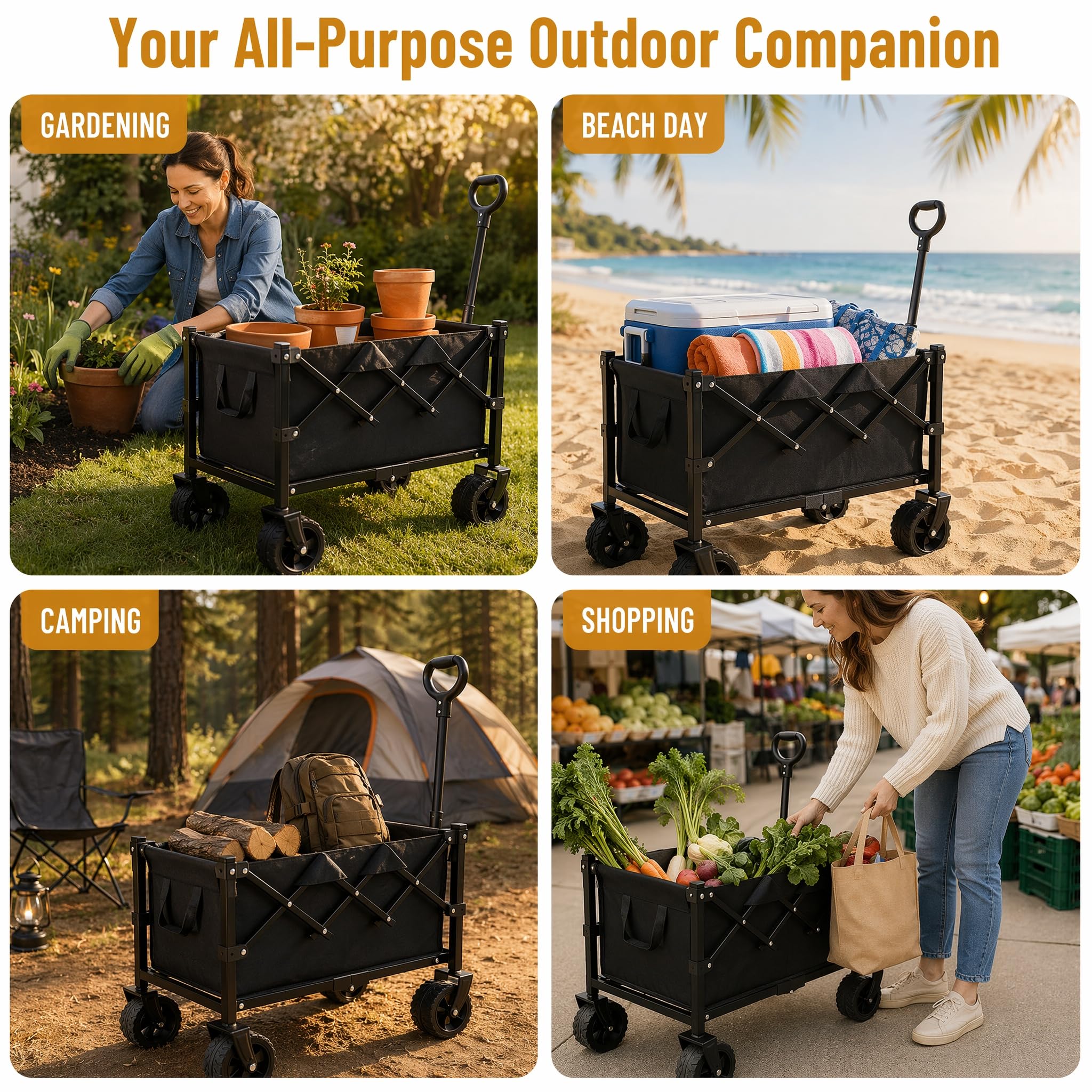 Carrello pieghevole da 130 l, grande capacità di carico 90 kg, con ruote | tessuto Oxford rimovibile, robusto telaio in metallo, compatto e pieghevole, per shopping, giardino, campeggio