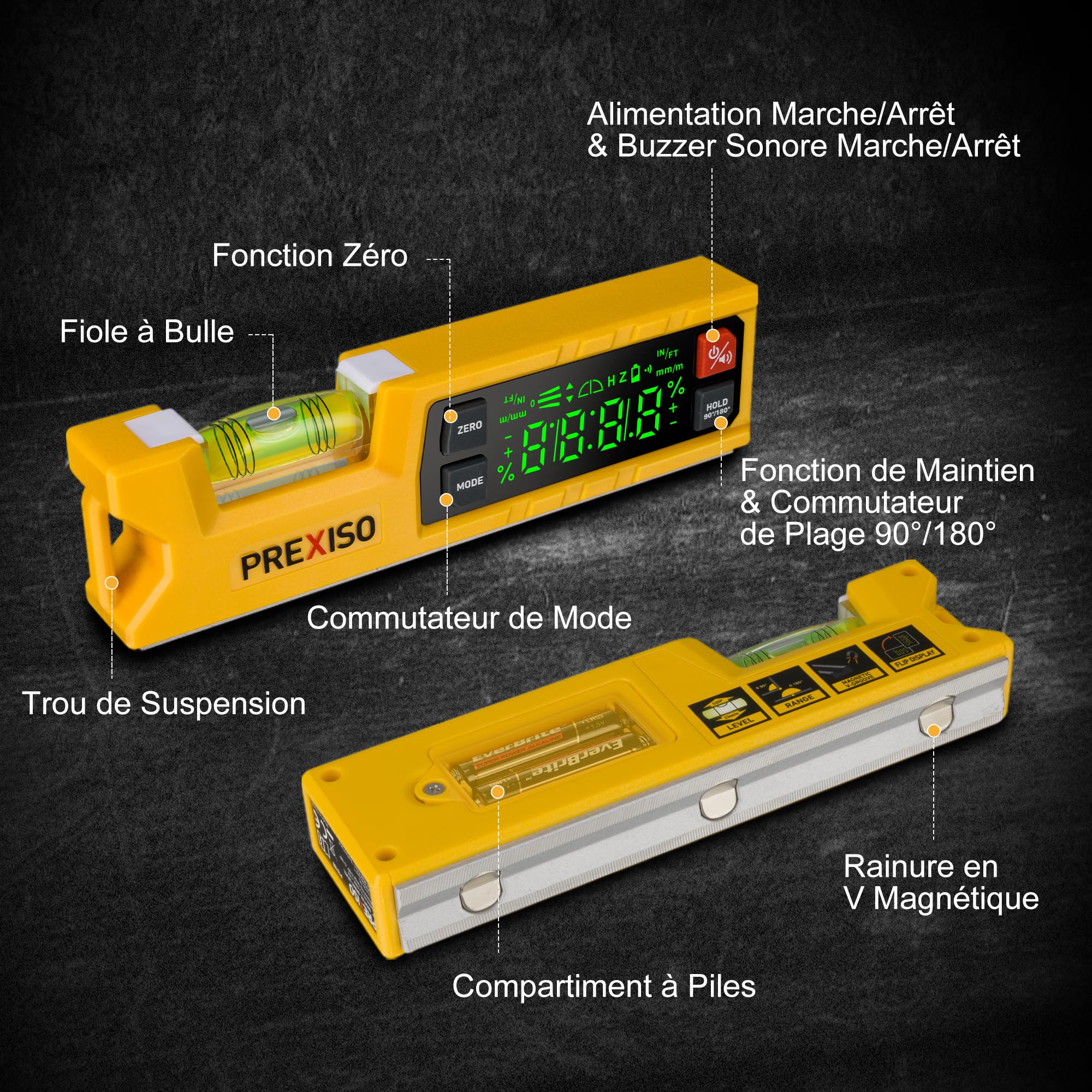 PREXISO Niveau à Bulle Numérique Rapporteur Digital 175 mm, Inclinomètre Électronique avec Base Magnétique et Indicateur Audio pour Menuiserie, Construction et Domestique