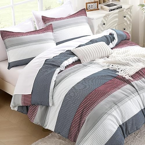 Miniatura 25 de Litanika Juego de edredón tamaño Queen, color gris claro, 3 piezas, ligero, gris y blanco, a rayas, esponjoso, juego de cama para todas