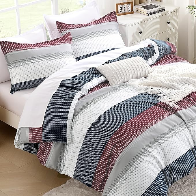 Litanika Comforter Set California King Size Red Blue - 3 Pieces Lightweight Colorblock Stripe Fluffy Bedding Comforter Sets, All Season Bed Set
