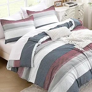 Litanika Comforter Set California King Size Red Blue - 3 Pieces Lightweight Colorblock Stripe Fluffy Bedding Comforter Sets, All Season Bed Set
