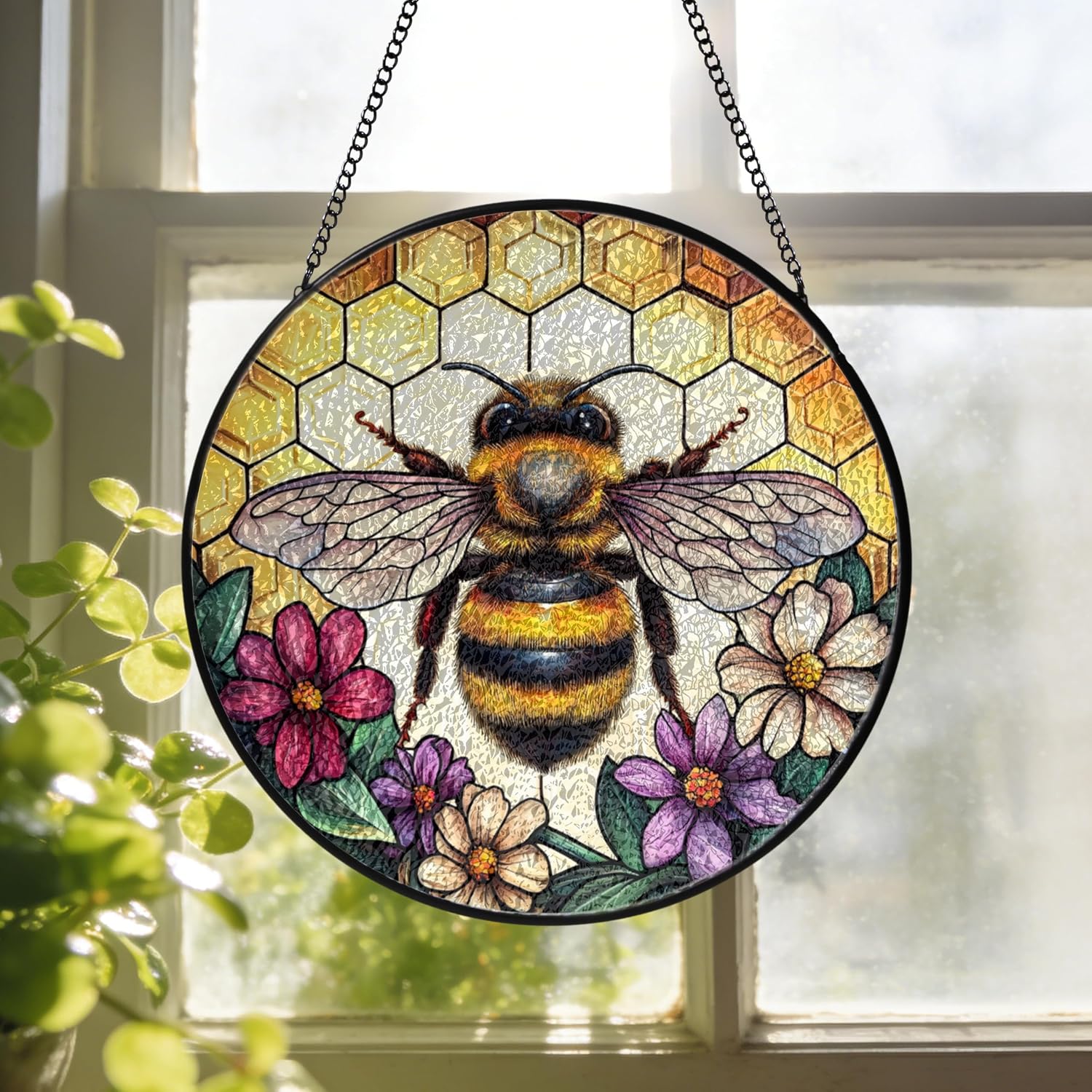 Bee Honeycomb Floral Stained Glass Window Hanging Sun Catchers Bees Wildflowers Glass Panel Hangings Ornament Honeybee Gift for Garden Lovers Housewarming Birthday Gift for Mom Grandma 11.8inch