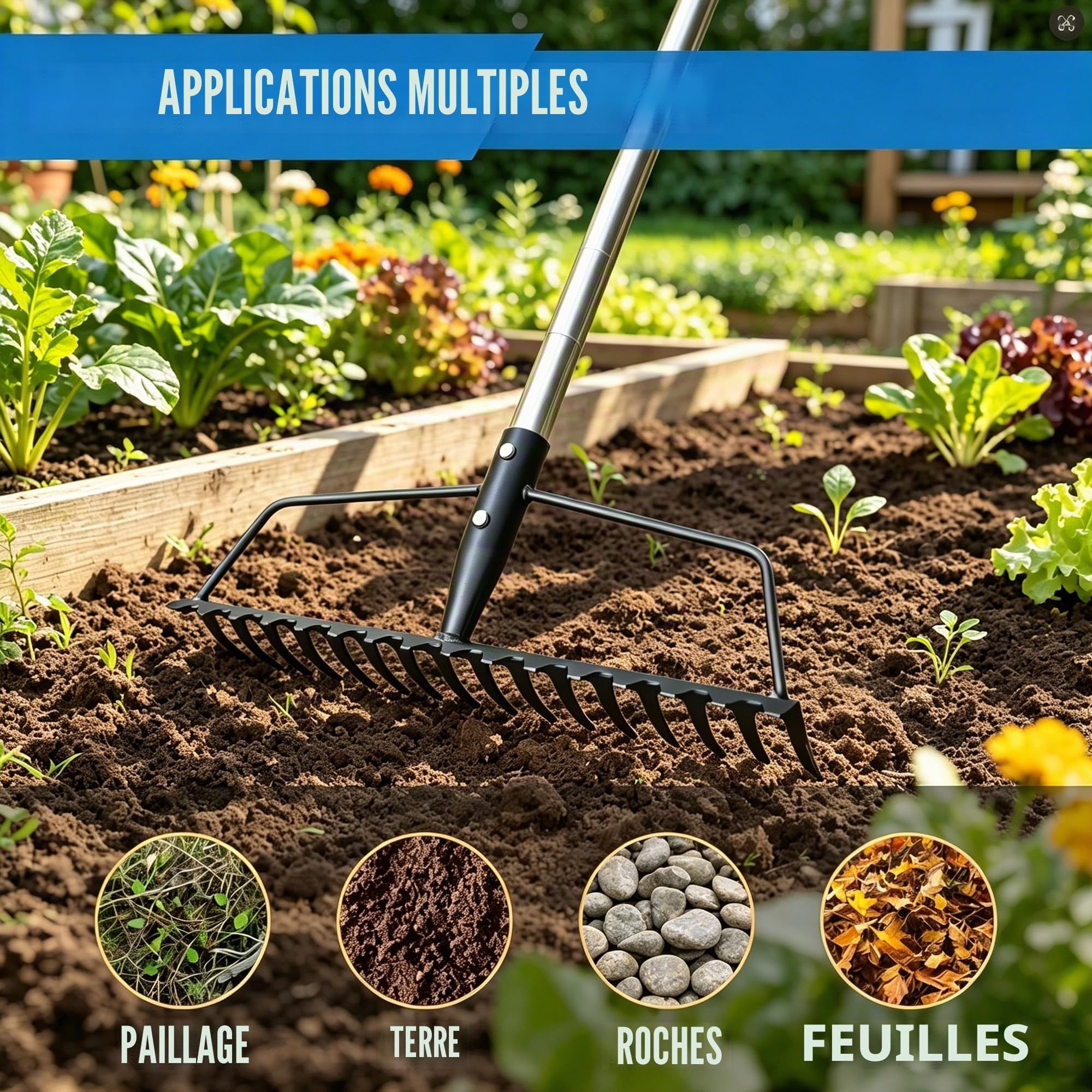 Baraystus Râteau arche de jardin pour pelouse, charge lourde, en acier inoxydable, Garden Rake réglable pour niveler et ramasser