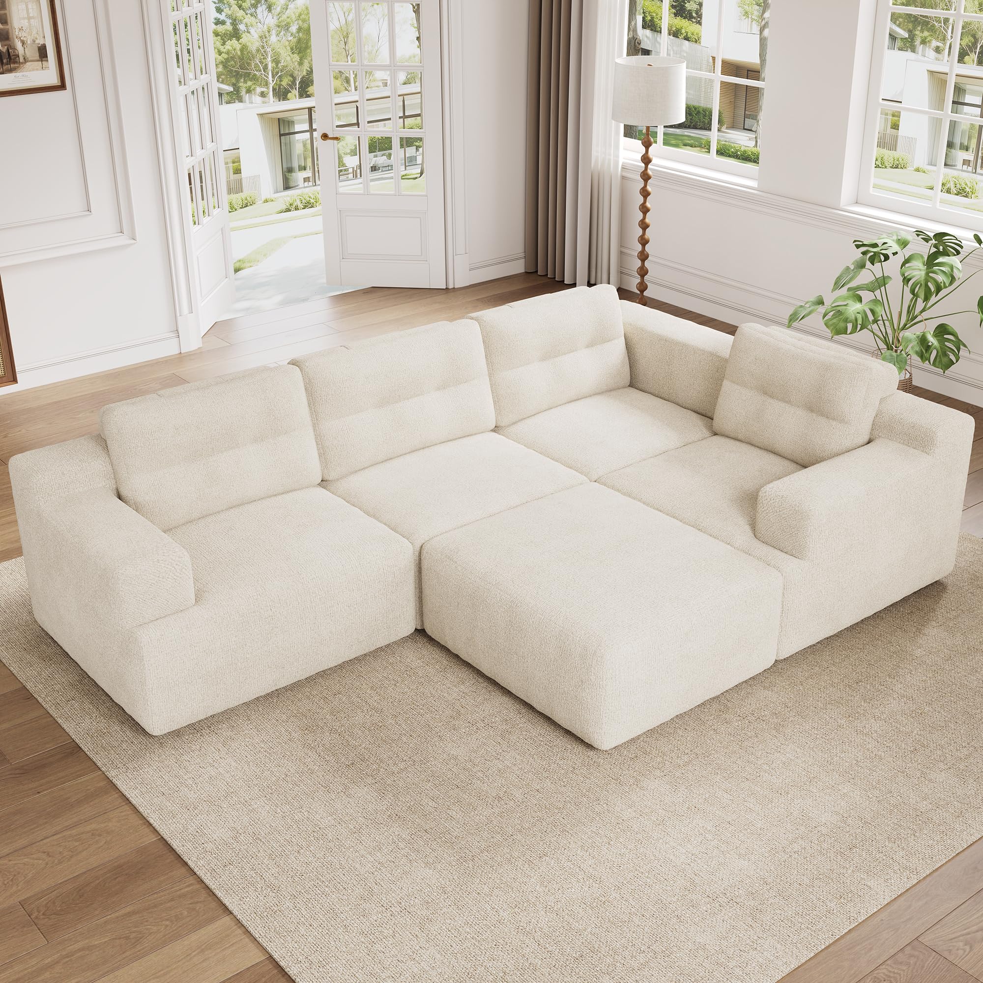 Sapgaks Canapé d'angle Convertible,configurable en Forme de L ou de U,Canapé modulable en Chenille,canapé 5 Places,Structure entièrement en Mousse sans Cadre,Beige