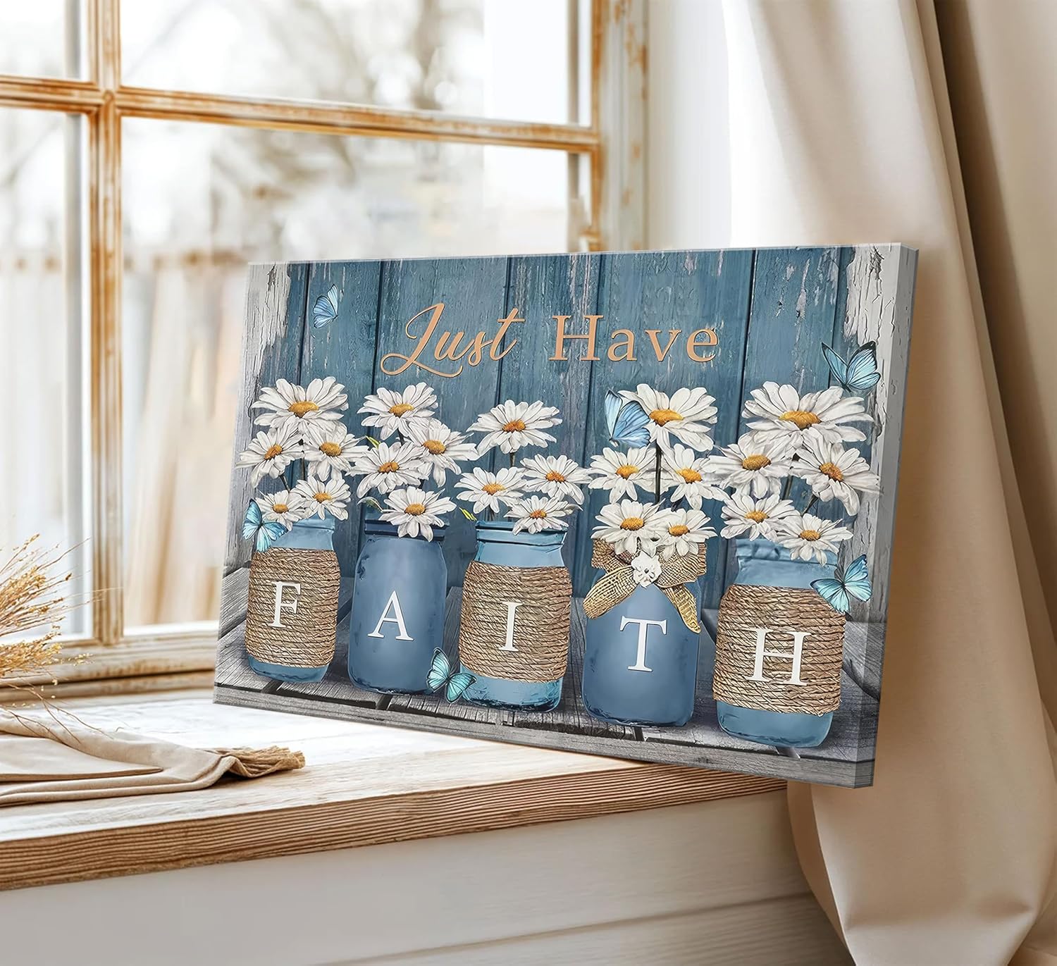 Daisy Canvas Wall Art Farmhouse Blue Bathroom Poster Prints Rustic Faith Butterfly Pictures Wall Decor for Bathroom Bedroom Kitchen16x24in Framed